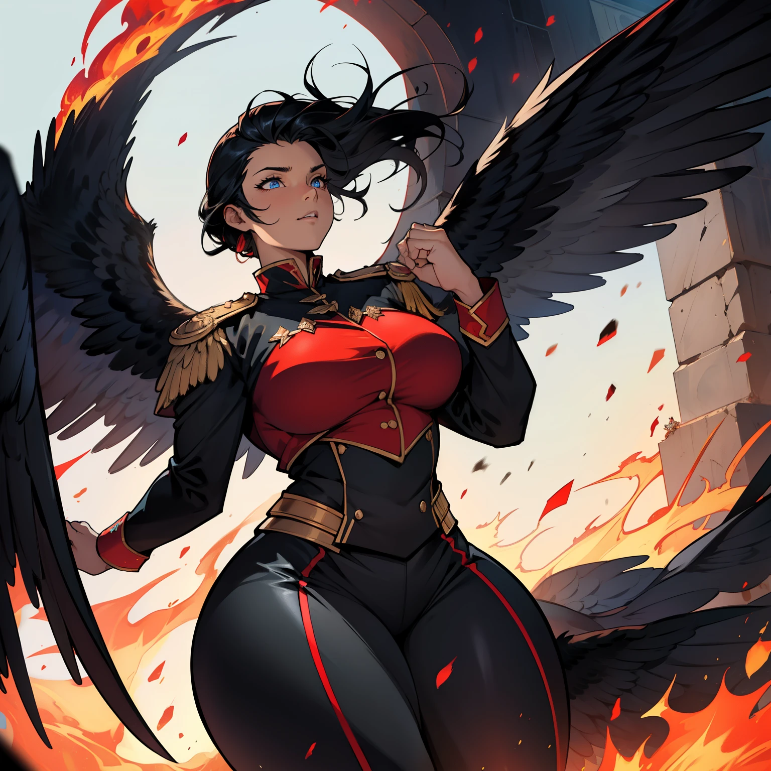 Black Phoenix , beautiful female, chubby, obese, wide hips, flames on body, huge pair of wings, blue eyes, shoulder length black hair, flames, fire, red royal guard uniform, massive wings, black wings, big round butt