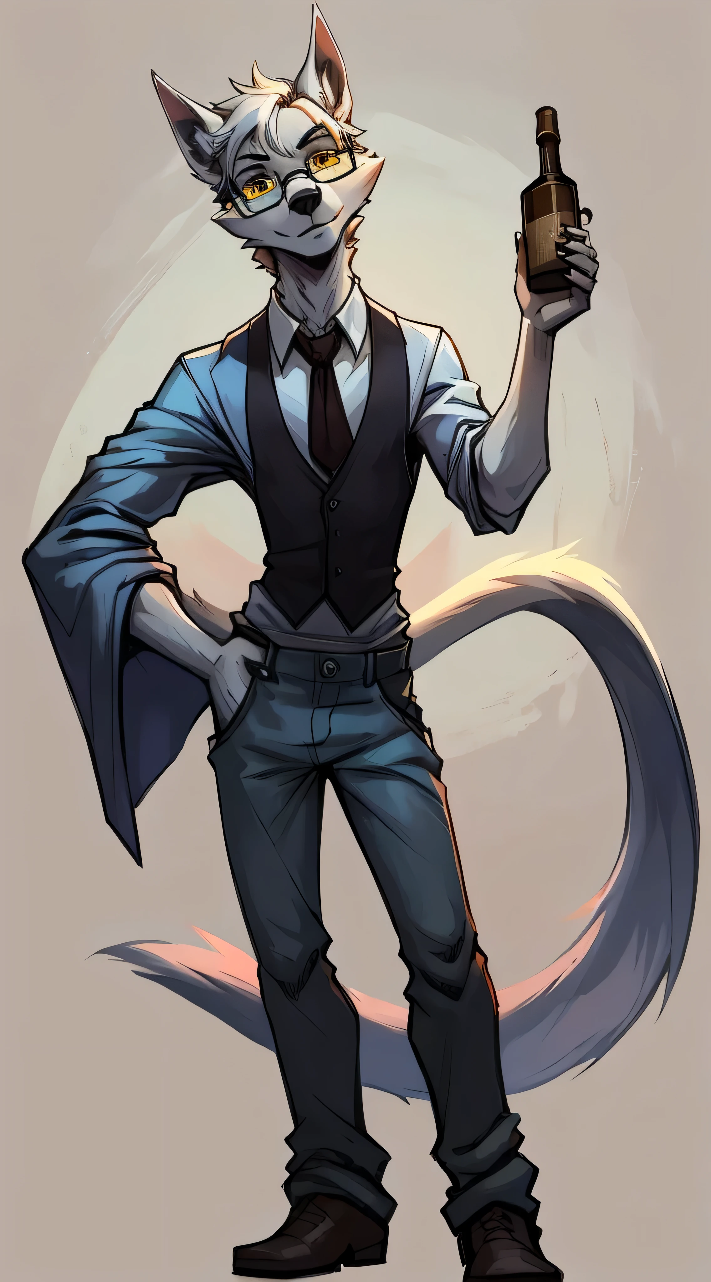 Male, arctic wolf, detailed yellow eyes, long tail, bartender, loose baggy jeans, slim, sly, simple background, glasses