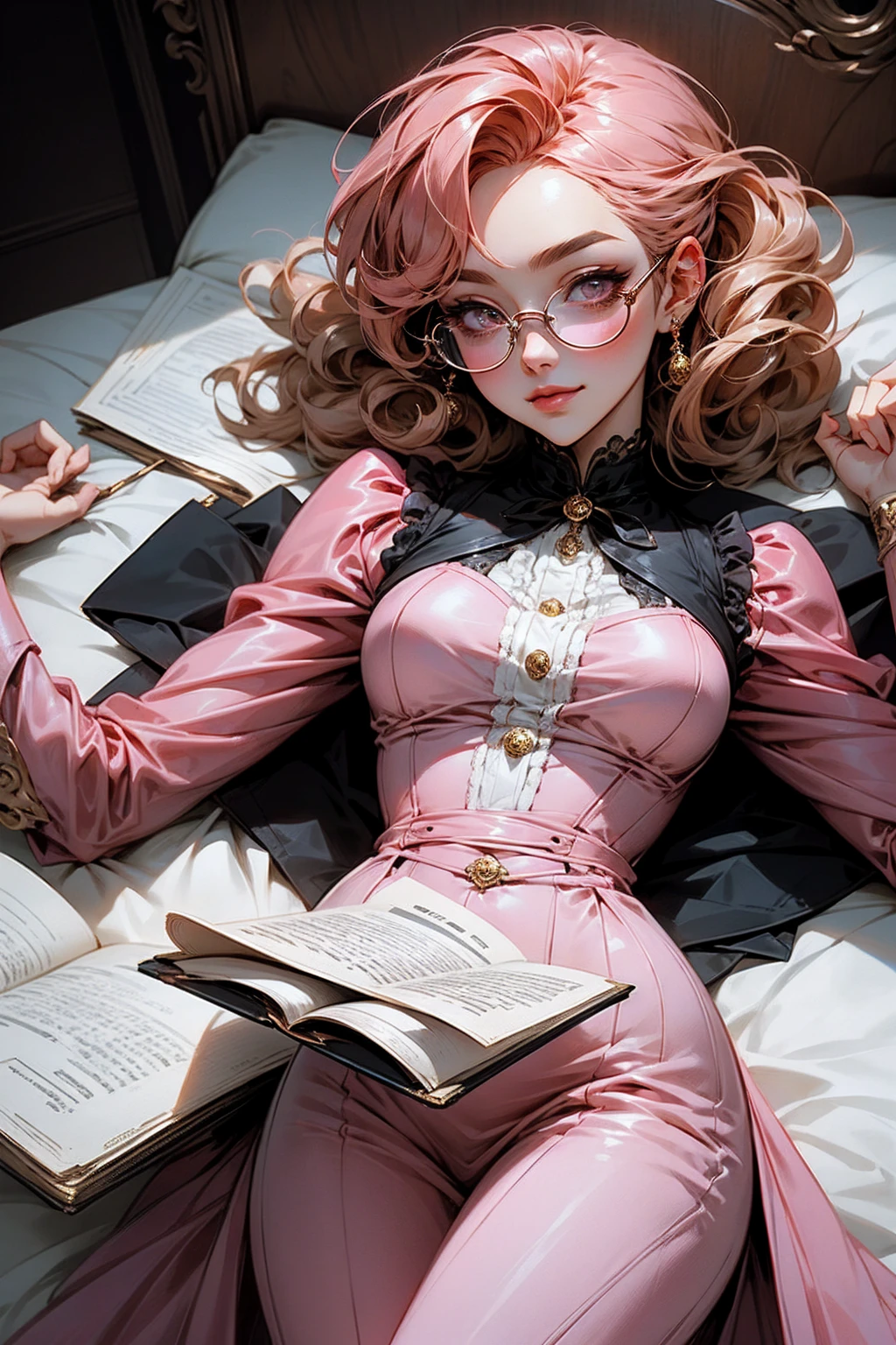 Anime girl tuxedo with curly rose gold hair and round gold glasses, rose gold eyes. Guviz style art, attractive detailed art style, Charlie Bowater Style, 1 7 - - old e anime girl, detailed manga style, detailed anime character art, germ of art. High detail, stunning manga art style. Rose dress. (pink dress) . Wearing rose gold Victorian clothing. Dancing, walking, drinking, reading, writing, lying, standing, on your back, dynamic poses, smile, closed mouth. Different Pose.