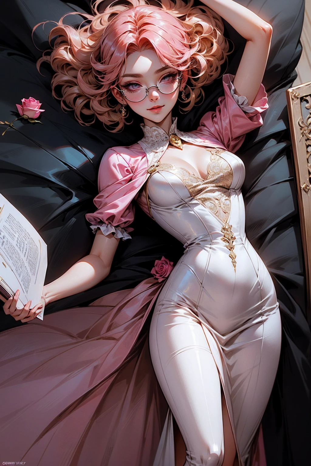Anime girl tuxedo with curly rose gold hair and round gold glasses, rose gold eyes. Guviz style art, attractive detailed art style, Charlie Bowater Style, 1 7 - year - old cute anime girl, detailed manga style, detailed anime character art, germ of art. High detail, stunning manga art style. Rose dress. (pink dress) . Wearing rose gold Victorian clothing. Dancing, walking, drinking, reading, writing, lying, standing, on your back, dynamic poses, smile, closed mouth. Different Pose.