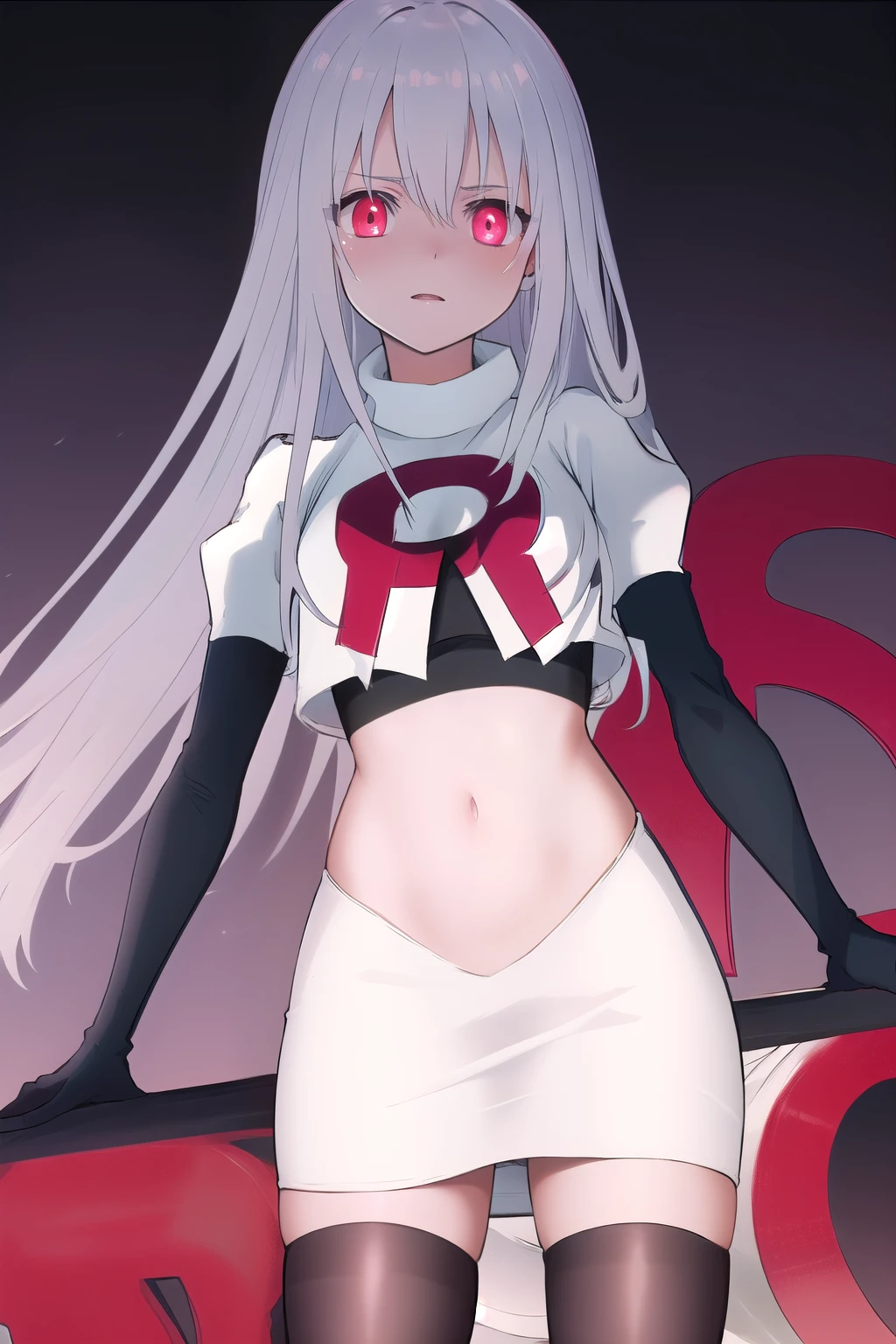 masterpiece, best quality, demon_kisara, glowing eyes, team rocket,team rocket uniform,white skirt,red letter R,crop top,black thigh-highs,black elbow gloves
