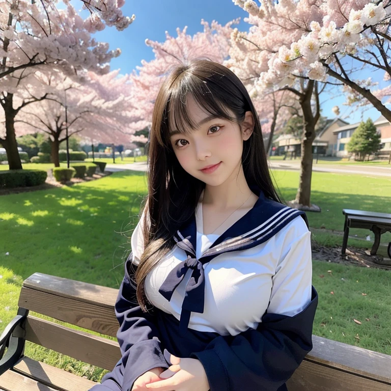 highest quality, High resolution, (realistic:1.2), 1 girl, Japanese beautiful girl, smile, big slit eyes, (big double eyelids:1.5), high definition eyes, plump cheeks, Dimples, light makeup, long black hair, bangs, slender, Are thin, small breasts, (sailor suit:1.4), navy pleated skirt, strong light, Cherry blossom trees, bench, flower bed, Japanese high school, spring,