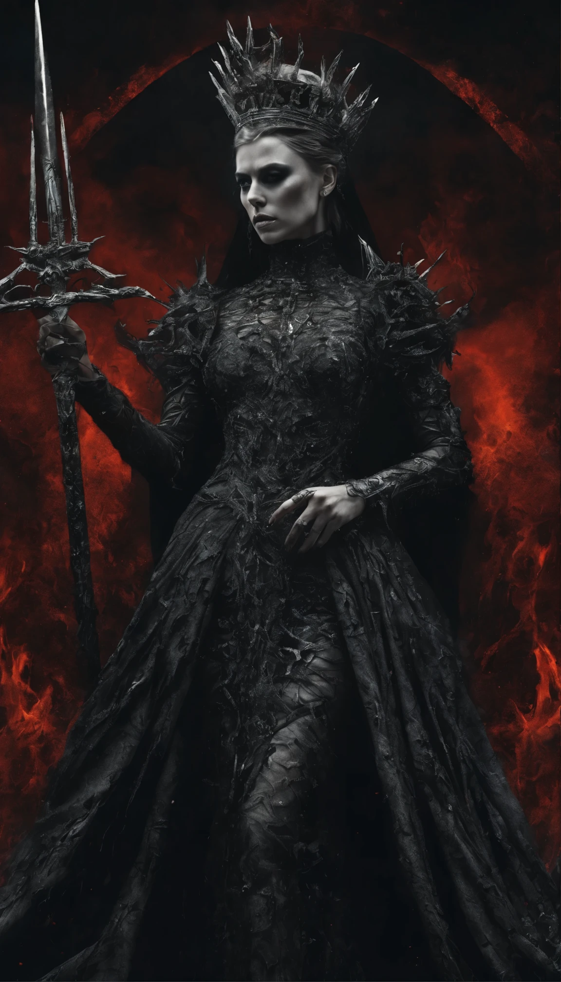 cure, Charlize Theron, Goddess of Death, Greek mythology, Scarlet witch with a tiara with multiple blades on her head, Charlize Theron, Goddess of Death, Skull Necklace, In a dress with skulls and blades, Art in the style of Guviz, ross tran 8 k, The beautiful imagination of the Empress, 8k high quality detailed art, Highly detailed digital art in 4k, Portrait of the Queen of Darkness, Wielding Multiple Sharpened Swords, Background to Ashes and Fire, Small Coal Hot Spots in the Background, gown, made up of skulls and blades,