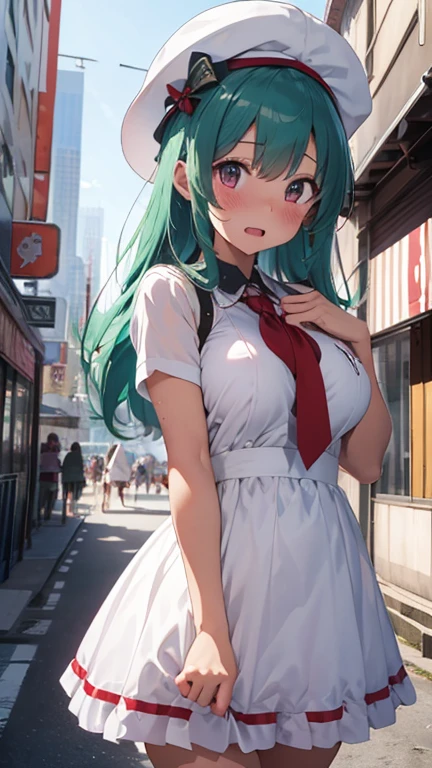 mastute piece,Best Quality,insanely detailed,8k cg,nsfw,shoot upper body,(body in front:1.1),1girl,standing,looking at viewer,(white marching-band costume,weast point hat),open clothes,break,blush,shy,ecstasy face,gasping,(trembling:1.2),light green hair,open mouth,large breast,(in city),