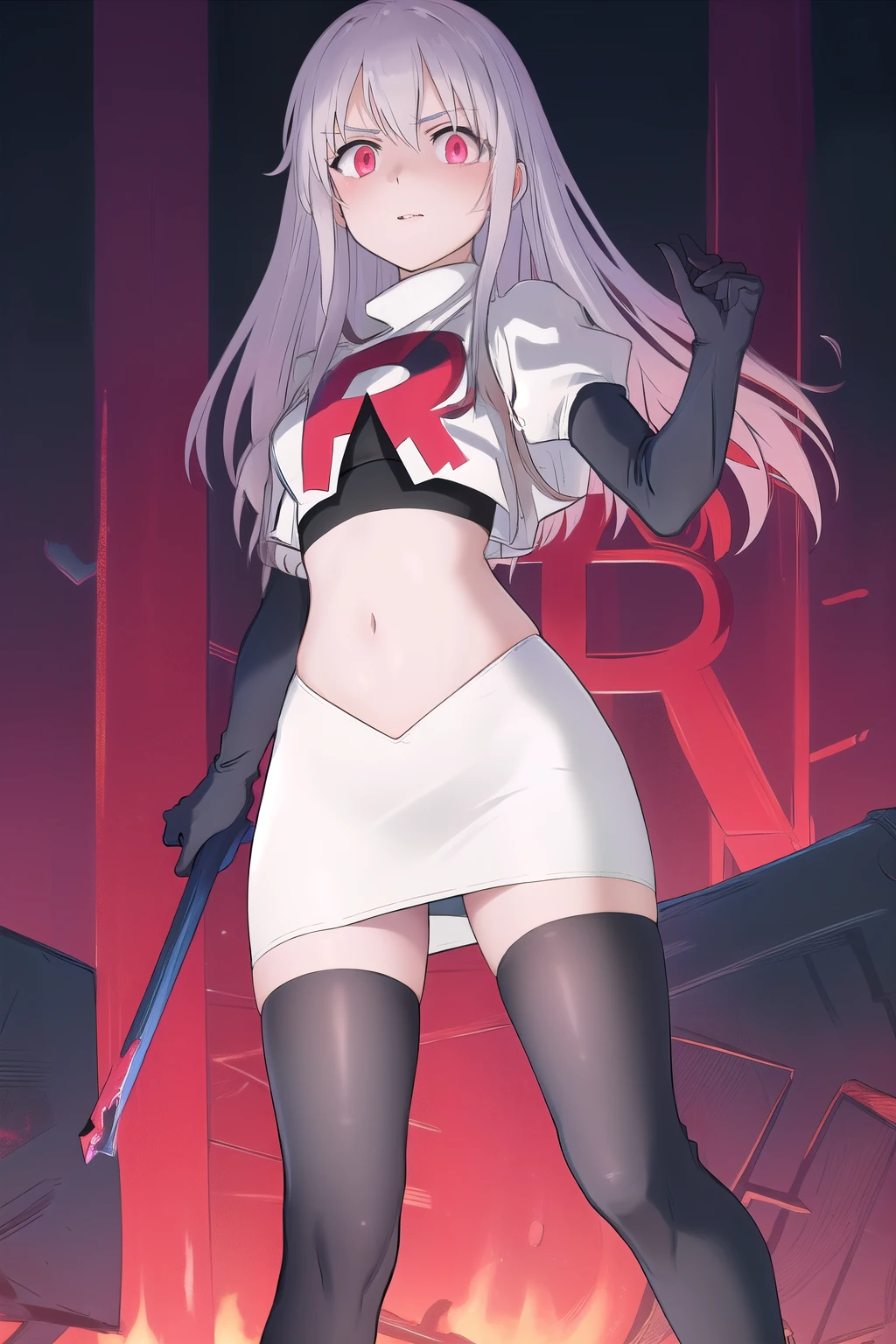 masterpiece, best quality, demon_kisara, glowing eyes, team rocket,team rocket uniform,white skirt,red letter R,crop top,black thigh-highs,black elbow gloves
