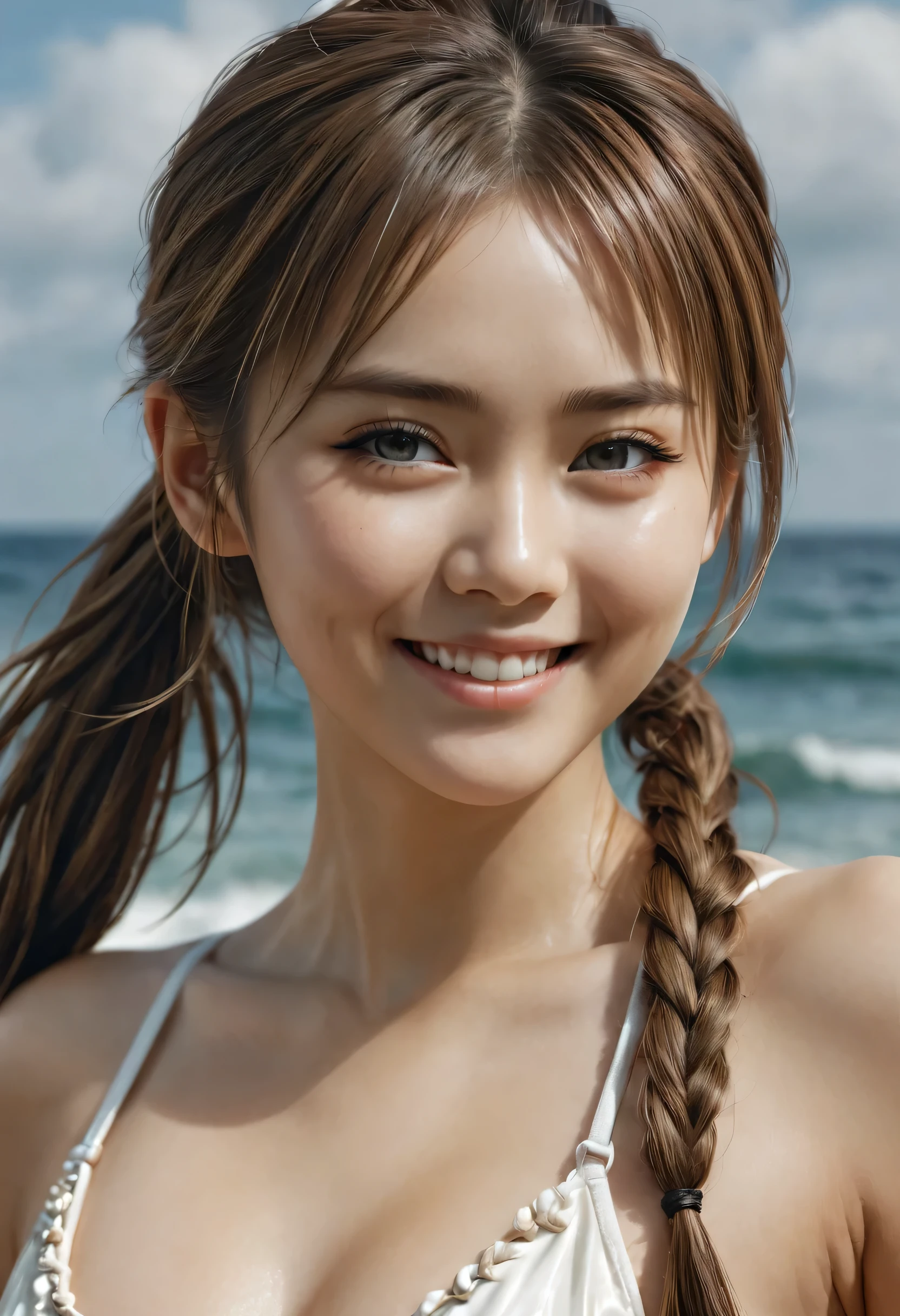 Wear a seashell bikini, ponytail, japanese girl, 8K, full body shot, highest quality, masterpiece, realistic, Photorealistic super detail, one girl, cute, best smile, beautiful eyes, long hair, perfect face,full body shot