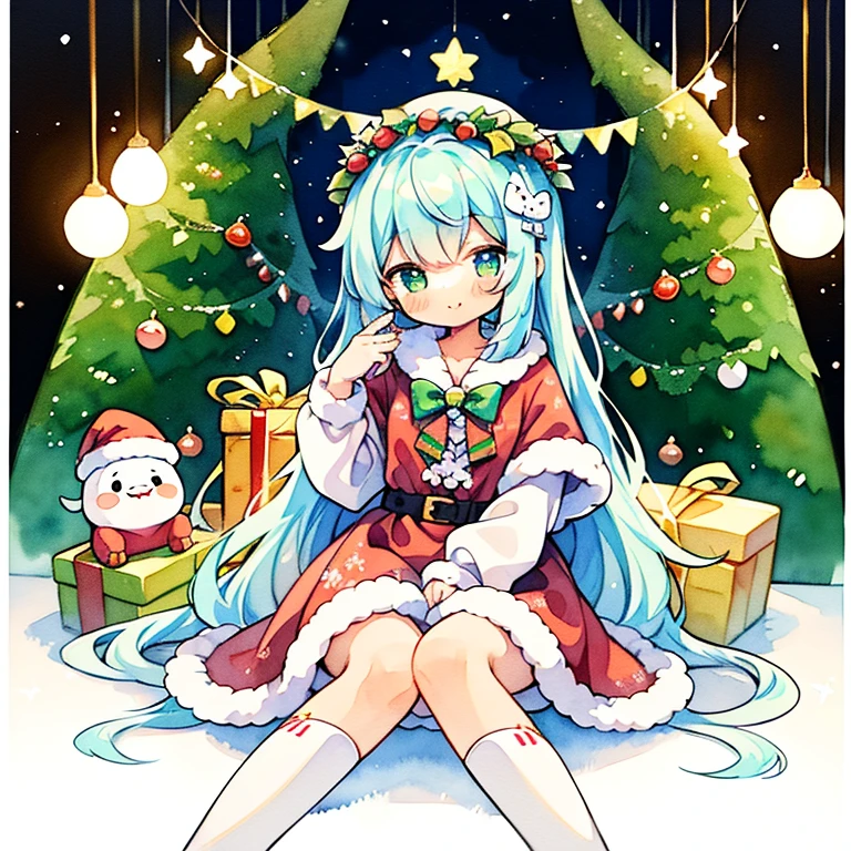 (cute illustration:1.1)、(watercolor painting:1.2)、(vivid shine:1.2)、striking contrast、beautiful and detailed、highest quality、very detailed, , anime,christmas night、Reddish、lush green、illumination、santa clothes、、holly、Christmas Cake、performer、White Christmas、Christmas tree、Sparkling、cinematic light,1 girl、(赤と緑のraceの羽を身に着けてください。:1.5)、table top, highest quality, very detailed, anime, dress, knee socks, race, Christmas colors:1.1、holly、flower arrangement wreath background:1.1、laughter、(pastel colour:1.2)、(cute illustration:1.2)、(watercolor painting:1.2)、、,Levitating:1.1、thick wool gown:0.3、very detailed,