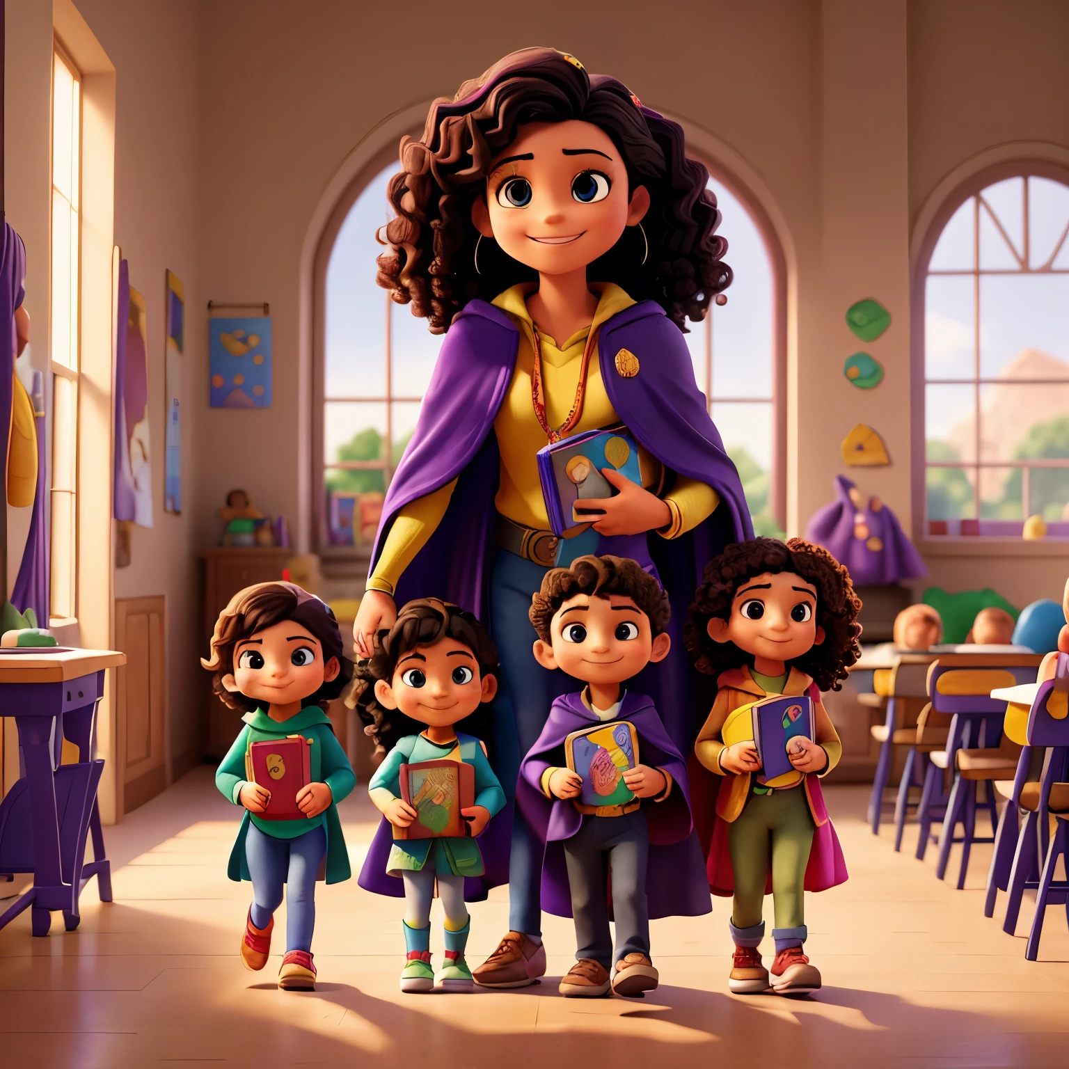 A vibrant illustration depicting the Garcia family in superhero attire. Mom, a Latina woman with flowing black hair, wears a bright red cape and holds a thick science book. Dad, a South Asian man with a neatly trimmed beard, sports a blue cape and clutches a historical atlas. Mia, an energetic 8-year-old girl with curly brown hair, grins confidently in a purple cape, holding a colorful art book. Little Leo, a 5-year-old brimming with curiosity, dons a green cape and clutches his favorite stuffed dinosaur, Rex. The background showcases a bustling school scene with excited children running around.