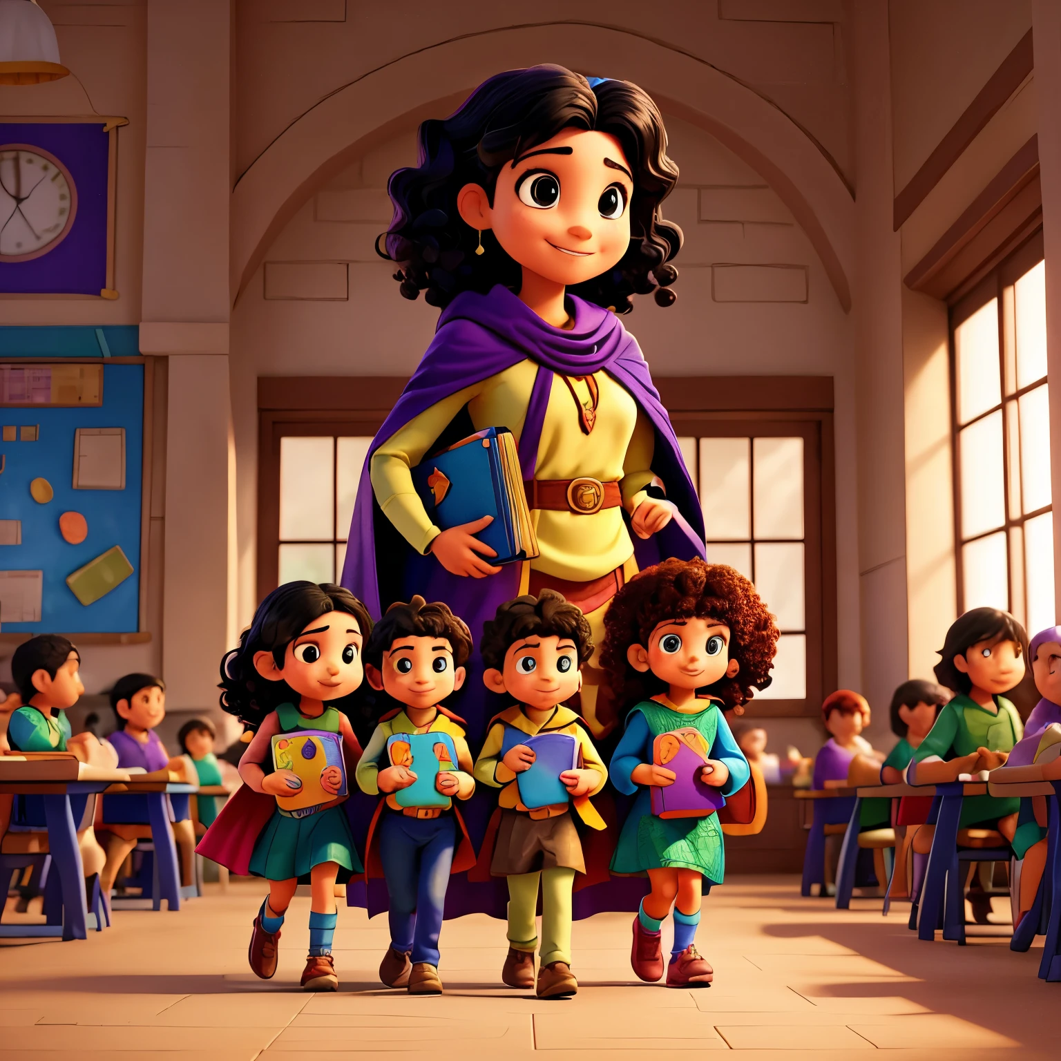 A vibrant illustration depicting the Garcia family in superhero attire. Mom, a Latina woman with flowing black hair, wears a bright red cape and holds a thick science book. Dad, a South Asian man with a neatly trimmed beard, sports a blue cape and clutches a historical atlas. Mia, an energetic 8-year-old girl with curly brown hair, grins confidently in a purple cape, holding a colorful art book. Little Leo, a 5-year-old brimming with curiosity, dons a green cape and clutches his favorite stuffed dinosaur, Rex. The background showcases a bustling school scene with excited children running around.