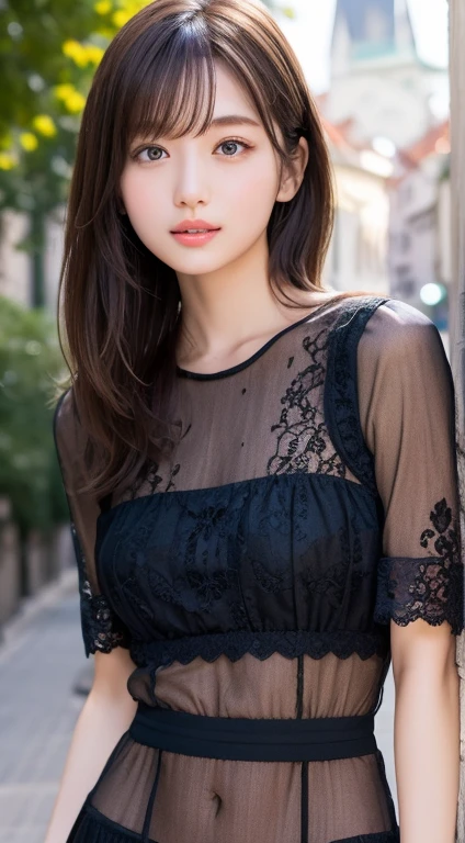 (happy expression:1.26)、Raw photo、(((Ultimate beauty full body photo shoot)))、((glowing skin))、1 girl、 beautiful girl from Prague、bright look、((brown haired))、Black lace dress、lean forward、big breasts thin waist、thin thighs、rich bust、Wink at viewers、short sleeve、((Big eyes that shine like jewels))、Glossy, glowing skin、(medium hair:1.2)、no makeup、beautiful bangs、hair between eyes、最high quality、Super detailed、film light、intricate details、High resolution、very detailed))、detailed background、8KUHD、Digital single-lens reflex camera、soft light、high quality、film grain、Fujifilm XT3 、shallow depth of field、natural soft light、Kamimei、Prague cityscape