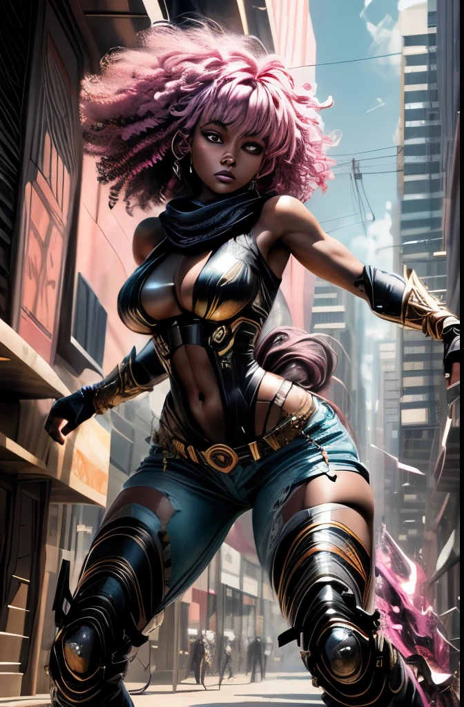 8k portrait of photo of beautiful black girl, Artwork in the style of Vladimir Kush, amara la negra mixed with lola monroe, pink hair, long hair, pink bantu knots hair, full body, realistic, very dark natural skin, blue eyes, detailed and intricate portrayal of a mechanical or cybernetic woman, pink metal panels, tubes attached to arms, african features, face looks like amara la negra mixed with lola monroe, metallic and mechanical components, gold adornments in hair, pink long bantu knots, gold chains, soft sunlight, braided hair on fire, textured skin, straining to cary a heavy battle axe, denim jeans, black sweater, blue scarf, black gloves, red boots, intricate, elegant, highly detailed, futuristic, digital photography, full body, dynamic action, fighting with an oversize flaming battle axe in hand, blazing battle axe, pink battle axe, fighting karate stance, martial arts stance, dynamic action, intense motion, masterpiece, sidelighting, finely detailed beautiful eyes: 1.2), hdr,