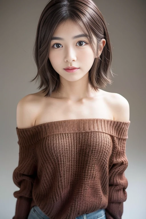 beautiful japanese woman、1 person,very pretty and slim、outstanding style 、((8K image、super high quality))、very delicate face, skin and hair、short hair、straggling hair,(((((((gradient hair、brown hair))))))),Very cute Japanese cut face、Eyes and nose are clearly visible、kind eyes,(((off shoulder sweater、simple background、looking at the viewer)))、full body shot