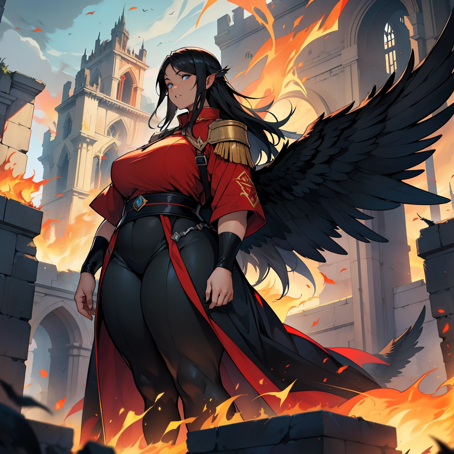Black Phoenix , beautiful female, chubby, obese, wide hips, flames on body, huge pair of wings, blue eyes, shoulder length black hair, flames, fire, red royal guard uniform, massive wings, black wings, castle ruins