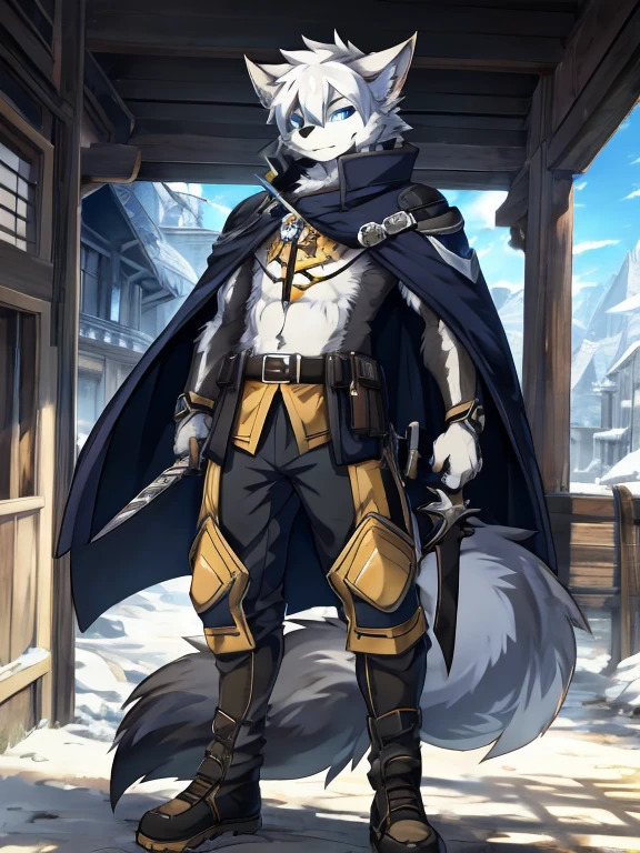 furry, male, anthro, (wolf Tail), Solo, Blue eyes, (Realistic eye details:1.2), (beautiful detailed eyes), anime character, there is a Wolf man with a sword and a cape on a cover of a magazine, anime cover, furry anthro magazine cover, magazine cover book with the title Deyfur, from arknights, high detailed official artwork, official artwork, arknights, ssss.Wolfman, hq artwork, best anime 4k konachan wallpaper, official artbook, illustration, official anime artwork, no type, anime style. 8k, 4k anime wallpaper, anime art wallpaper 8 k, 2 d art, 2d art, badass anime 8 k, by Yuumei, anime art wallpaper 4k, full body like, slim body, in a panoramic view, good looking