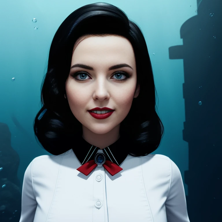 Elizabeth comstock, white blouse, portrait, beautiful smile, underwater city, red lipstick, cleavage (8k, RAW photo, best quality, masterpiece:1.2),ultra-detailed, (high detailed skin:1.2), 8k uhd, dslr, soft lighting, high quality, 