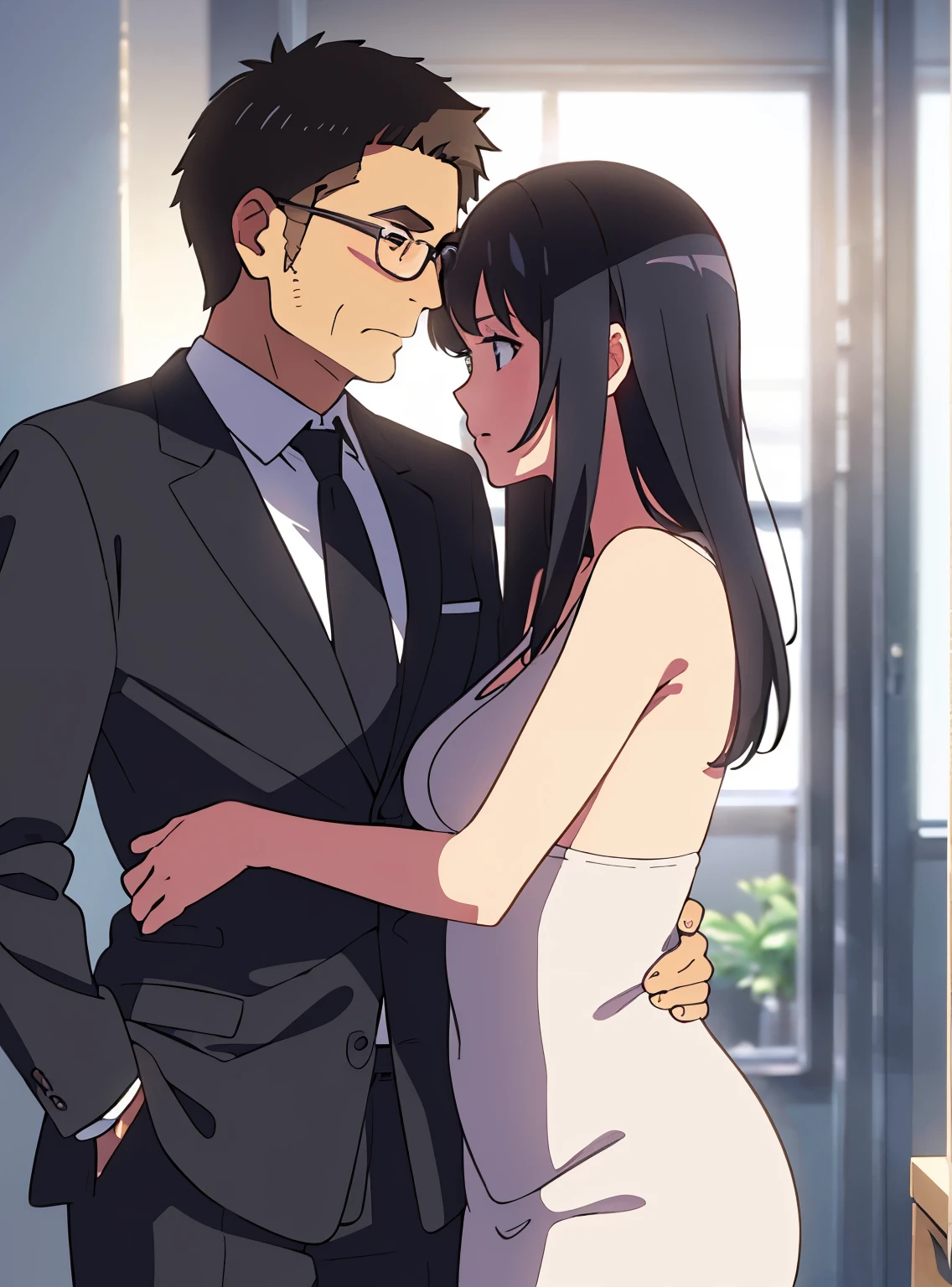 shinkai makoto, kimi no na wa., 1middle age man, wrinkle face, black hair,bangs swept to the right side, office suit, middle aged man caressing girl's body, kiss cheeks, passionate hug, boy is hugging from behind, chestgrope from behind, middle aged man is touchig girl's chest, hold chest, 1girl, bangs, black hair, brown eyes, twisted half up, red ribbon, long hair, smile, sexy pose, arms up,   open mouth, blush, looking at the viewer, cowboy shot, nude, pink nipples, masterpiece, indoors, storage room, perfect anatomy 