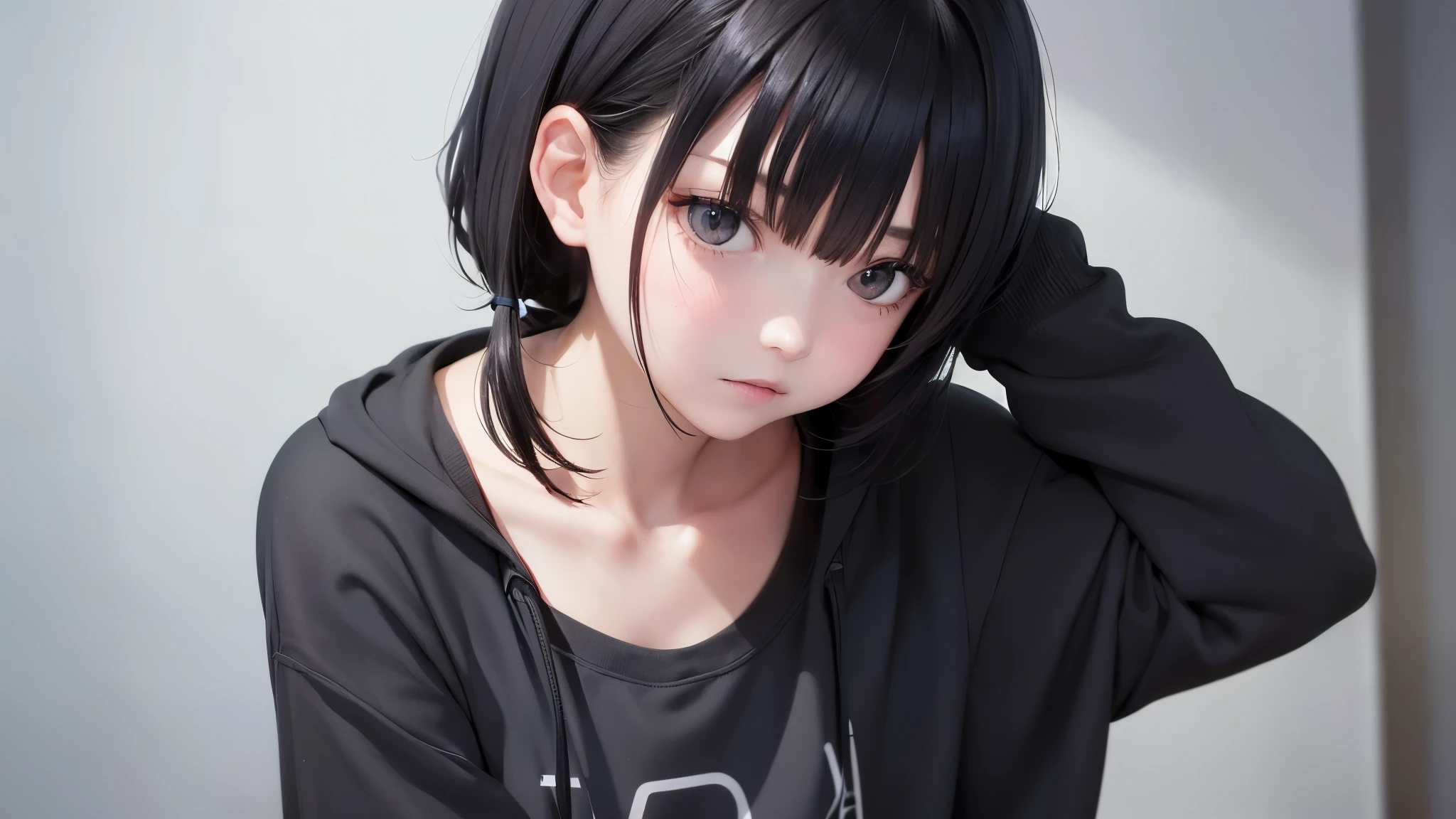 A girl in a gray sweatshirt with black short shoulder-length hair.