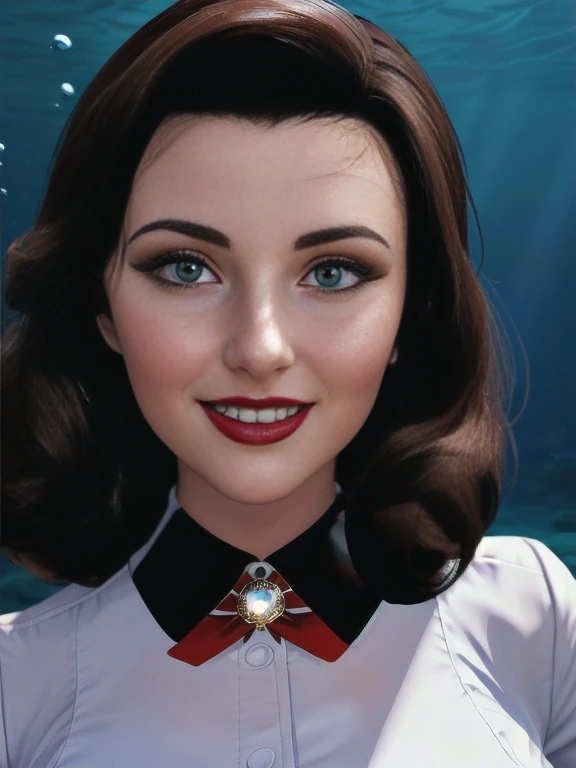 Elizabeth comstock, white blouse, portrait, beautiful smile, underwater city, red lipstick, cleavage (8k, RAW photo, best quality, masterpiece:1.2),ultra-detailed, (high detailed skin:1.2), 8k uhd, dslr, soft lighting, high quality,