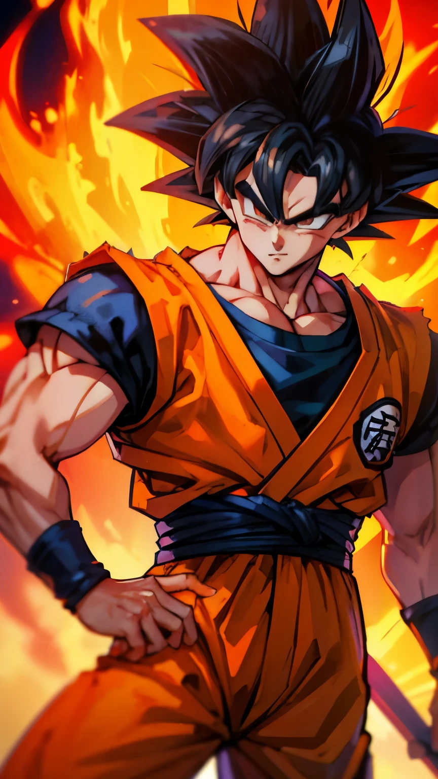 (masterpiece), best quality, ultra-detailed, Goku from Dragon Ball Z with spiky black hair, wearing orange clothes, Retro style.super saiyan.fire.