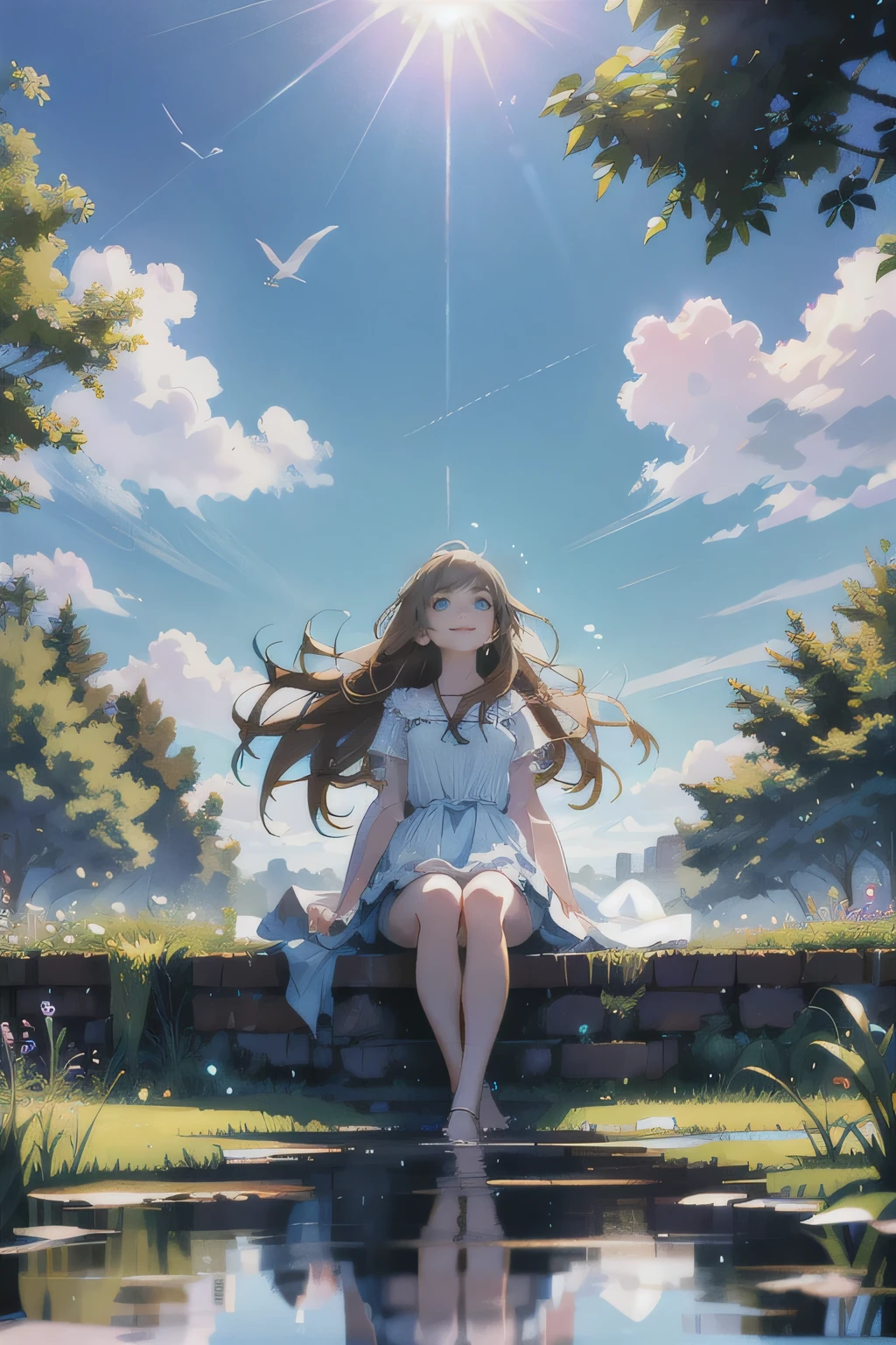 photorealistic aesthetic scenery, sharp 8k resolution quality, beautiful girl, looking up to the sky with long brown hair, light blue eyes, wearing a white dress, sitting, trees, no humans, clear blue sky, cloud, outdoors, reflection, building, water, daylight, summer, shadow, scenery, 8k wallpaper, detailed face depiction, masterpiece, Cinematic Lighting, best quality, Illustration