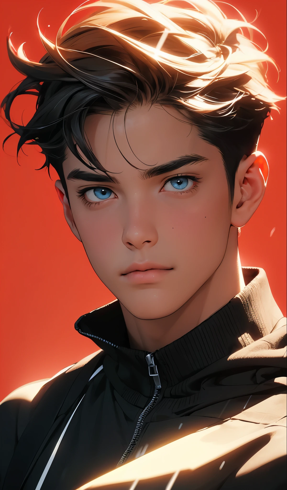 1 boy,red background,Ridiculous,masterpiece,high resolution,Intricate details,a lover,Sexy,muscular,strutting outdoor,beautiful eyes,Detailed face,heavy rain,outdoor,global illumination,subsurface scattering,