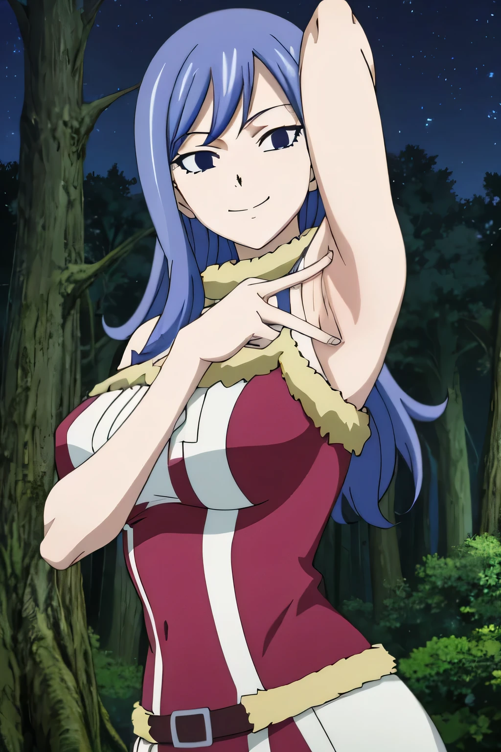 masterpiece, absurdres , (intricate details), (colorful), bust shot, extremely detailed CG unity 8k wallpaper, juviagmg, 1girl, looking at viewer, solo, night sky, forest, arms behind head, contrapposto, spread armpits, closed mouth, smile, upper body,