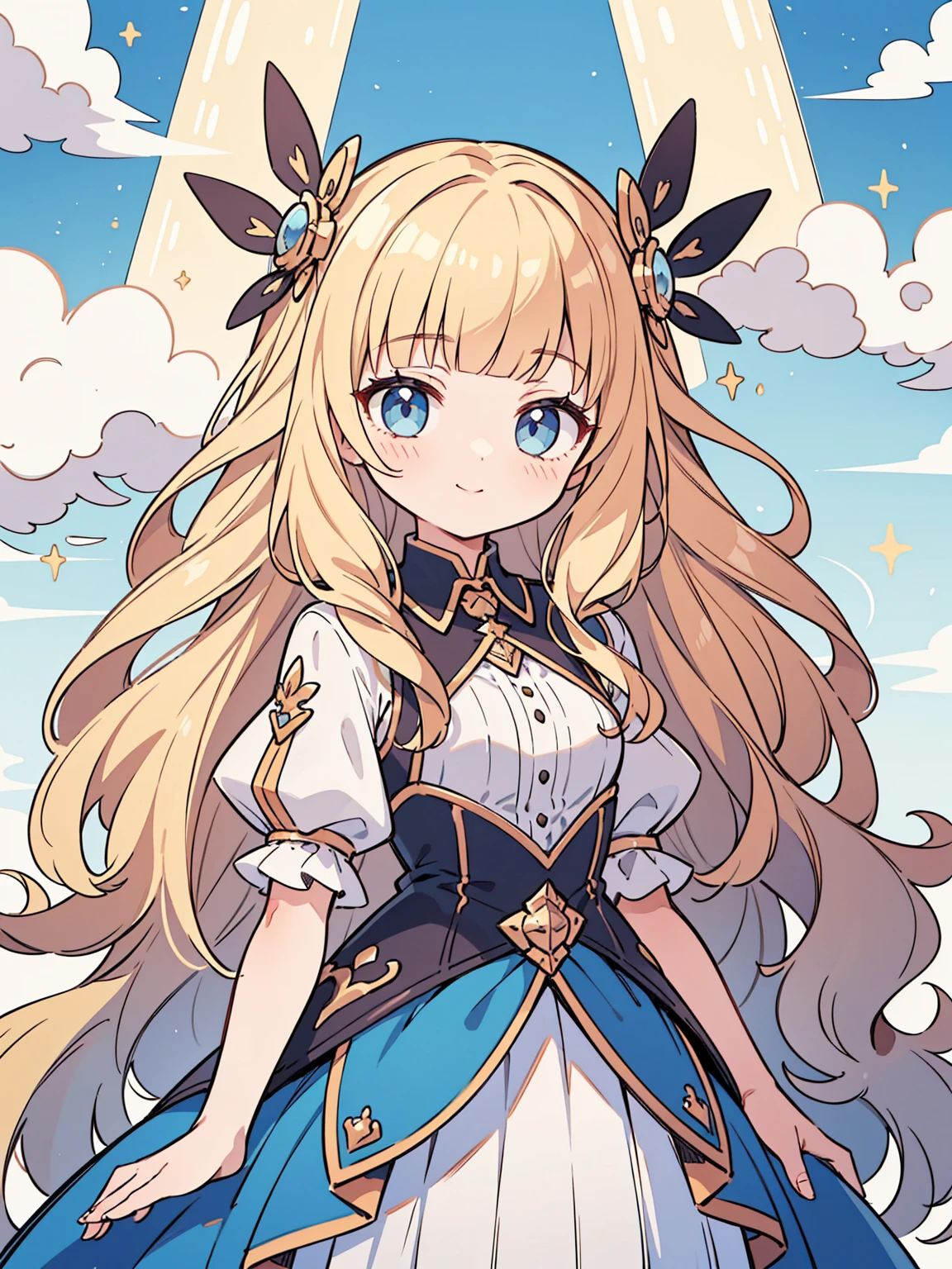 High quality, Ultra detailed, best quality, insanely detailed, masterpiece, beautiful illustrations, highest quality, pretty girl, very cute, 1girl, standing, pastel colour, blonde hair, wavy long hair, (blunt bangs), caucasian, bright lighting, sky-blue eyes, soft smile, looking at viewer