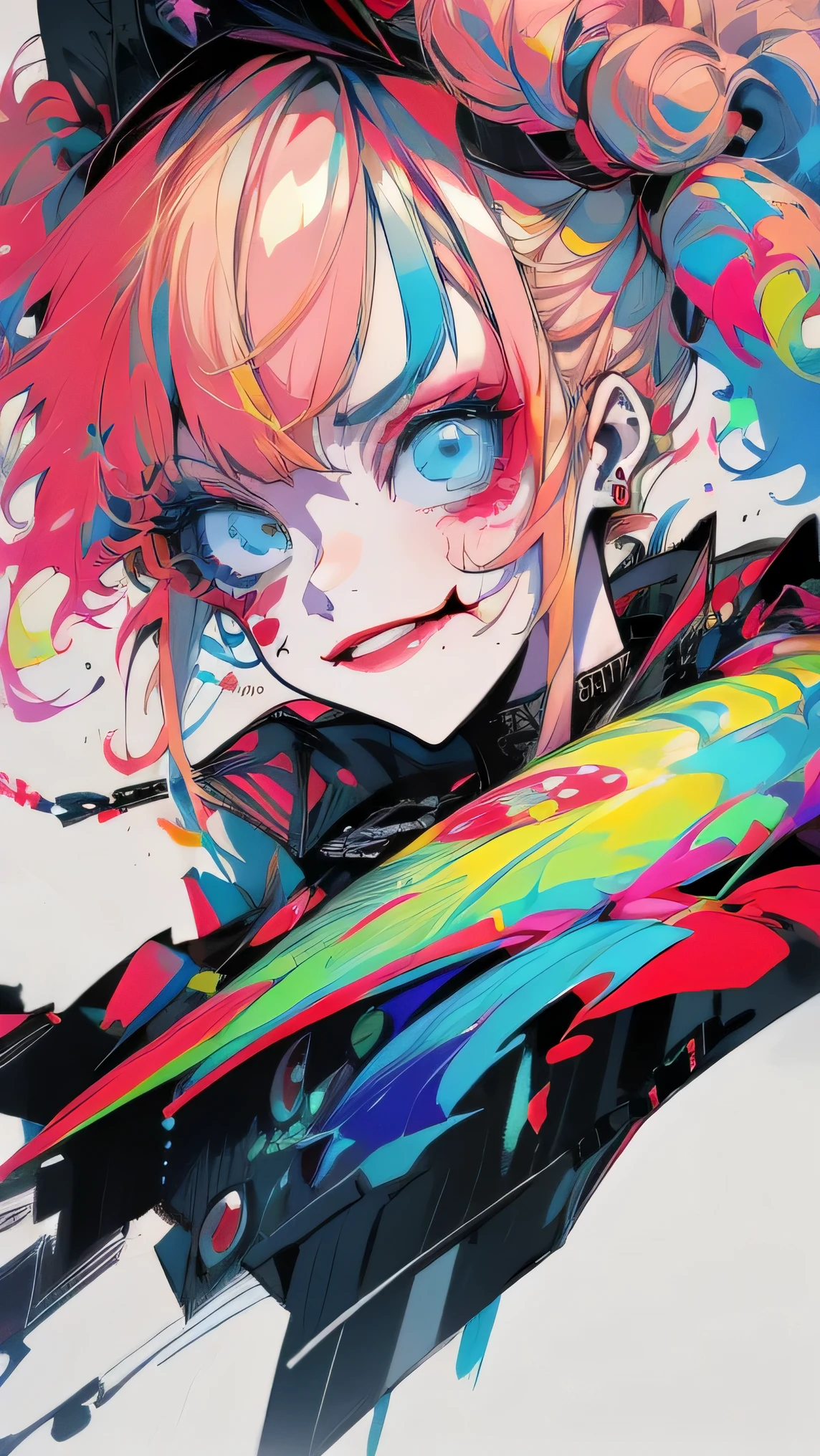Dibujos animados de una mujer en un traje de payaso sosteniendo una raqueta de tenis, y 2 k payaso lindo, ann takamaki de persona 5, no more heroes concept art, concepto de cuerpo completo, detailed concepto de cuerpo completo, fanart exquisito muy detallado, Yandere intrincado, payaso lindo, cushart krenz arte clave femenino, pink iconic character
