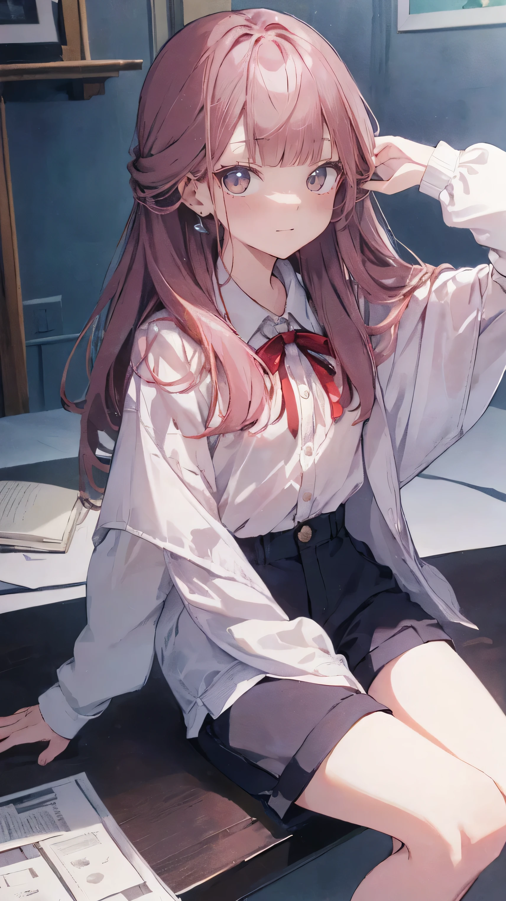 master piece、Highest image quality、highest quality、 ((panic))、glossy hair quality、small face、sitting、Super detailed and beautiful bright eyes、Super detailed clear and beautiful face、(cute illustration:1.2), High-resolution, ultra-detailed, best quality, embarrassed、(Gaps in shorts).(Cute underwear visible through the gap)