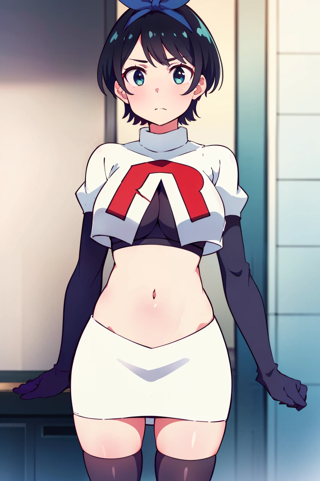 (masterpiece, best quality, ultra-detailed), 1girl, RukaSarashina, looking at viewer, team rocket,team rocket uniform,white skirt,red letter R,crop top,black thigh-highs,black elbow gloves
