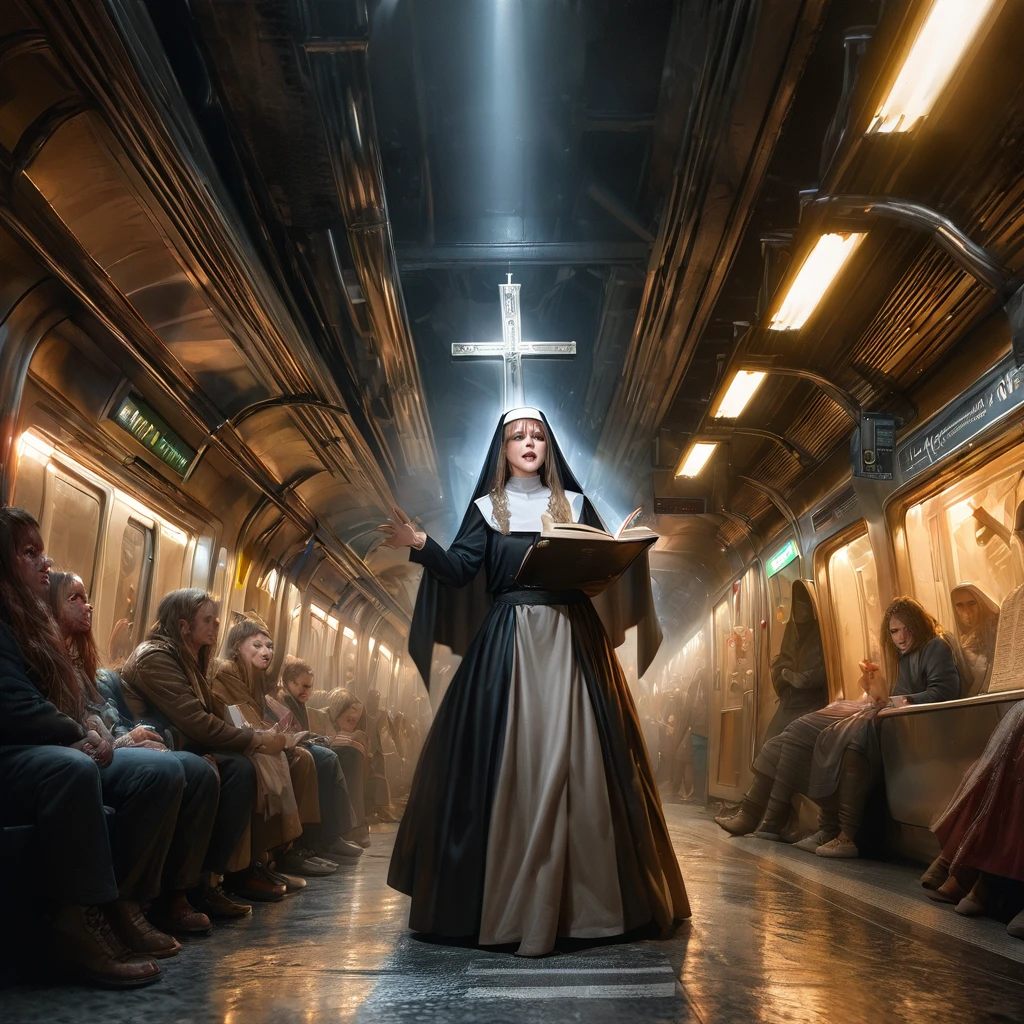 A spreading light, evil supernatural creatures fleeing, at the light's center is a lovely Catholic nun holding a cross and a bible, emitting holy energy as she chants, in a subway. (best quality, 4k, highres, masterpiece:1.2), ultra-detailed, (realistic, photorealistic:1.37), HDR, studio lighting, extreme detail description, professional, vivid colors, bokeh, portraits, horror, subway, evil supernatural creatures, spreading light, lovely Catholic nun, cross, bible, holy energy, chanting