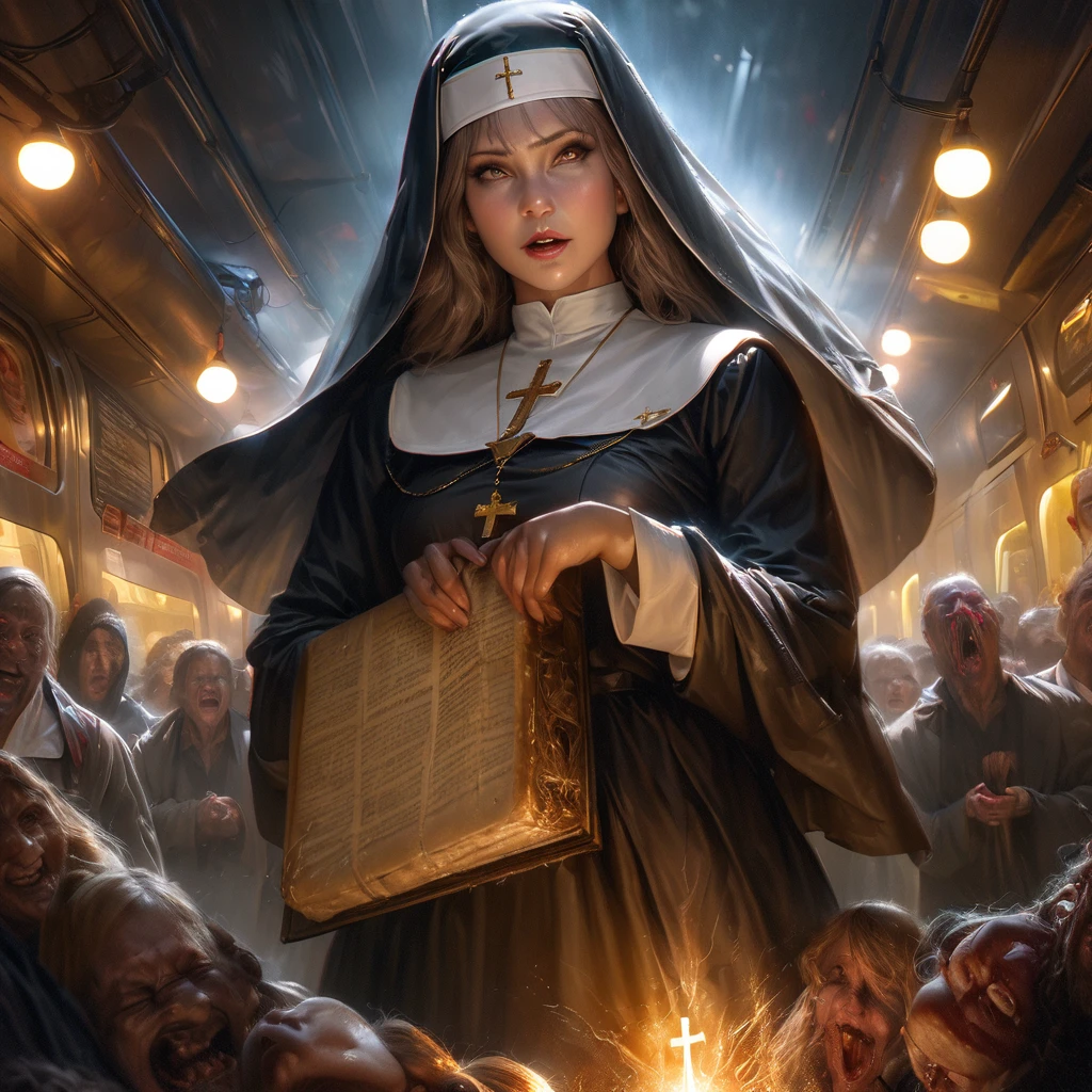 A spreading light, evil supernatural creatures fleeing, at the light's center is a lovely Catholic nun holding a cross and a bible, emitting holy energy as she chants, in a subway. (best quality, 4k, highres, masterpiece:1.2), ultra-detailed, (realistic, photorealistic:1.37), HDR, studio lighting, extreme detail description, professional, vivid colors, bokeh, portraits, horror, subway, evil supernatural creatures, spreading light, lovely Catholic nun, cross, bible, holy energy, chanting