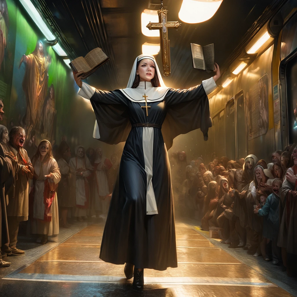 A spreading light, evil supernatural creatures fleeing, at the light's center is a lovely Catholic nun holding a cross and a bible, emitting holy energy as she chants, in a subway. (best quality, 4k, highres, masterpiece:1.2), ultra-detailed, (realistic, photorealistic:1.37), HDR, studio lighting, extreme detail description, professional, vivid colors, bokeh, portraits, horror, subway, evil supernatural creatures, spreading light, lovely Catholic nun, cross, bible, holy energy, chanting