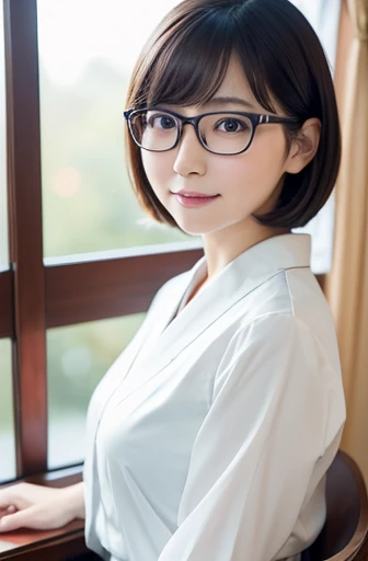 best quality,8k,realistic,viewer,Japanese woman,1girl,30 years old,155cm tall,(traditional Japanese beauty:1.2),
pure atmosphere,neat atmosphere,soft atmosphere,gentle atmosphere,
working professional,working in a company,corporate uniform,
short hair,wearing glasses