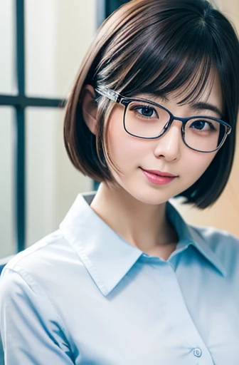 best quality,8k,realistic,viewer,Japanese woman,1girl,30 years old,155cm tall,(traditional Japanese beauty:1.2),
pure atmosphere,neat atmosphere,soft atmosphere,gentle atmosphere,
working professional,working in a company,corporate uniform,
short hair,wearing glasses