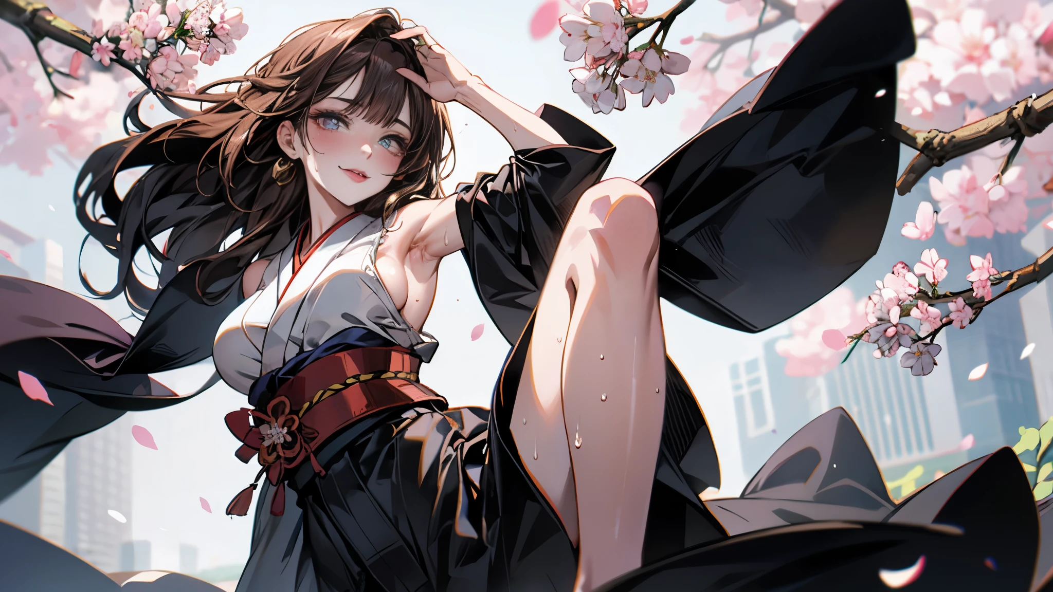 (Best quality, 8K, Masterpiece:1.3, 1 girl, solo, Beautiful girl), cute, Dynamism, Detailed face, Detailed skin, detailed clothes, Detailed eyes, Detailed lips, Detailed tongue, Detailed fingers, Detailed mouth, Photorealistic, Raw photo, highres, hight resolution, Natural lighting, dynamic pose, perfect anatomy, toned legs, double eyelids, tear bags, round eyes, moist lips, sweaty, ecstatic face, (miko costumes, japanese clothes, kimono, golden hakama), brown long hair, straight hair, blunt bangs, detached sleeves, wide sleeves, bare shoulders, (sideboob:1.4), cherry blossom, Shinto shrine, outdoor, sky, blush, cowboy shot, looking at viewer, armpit