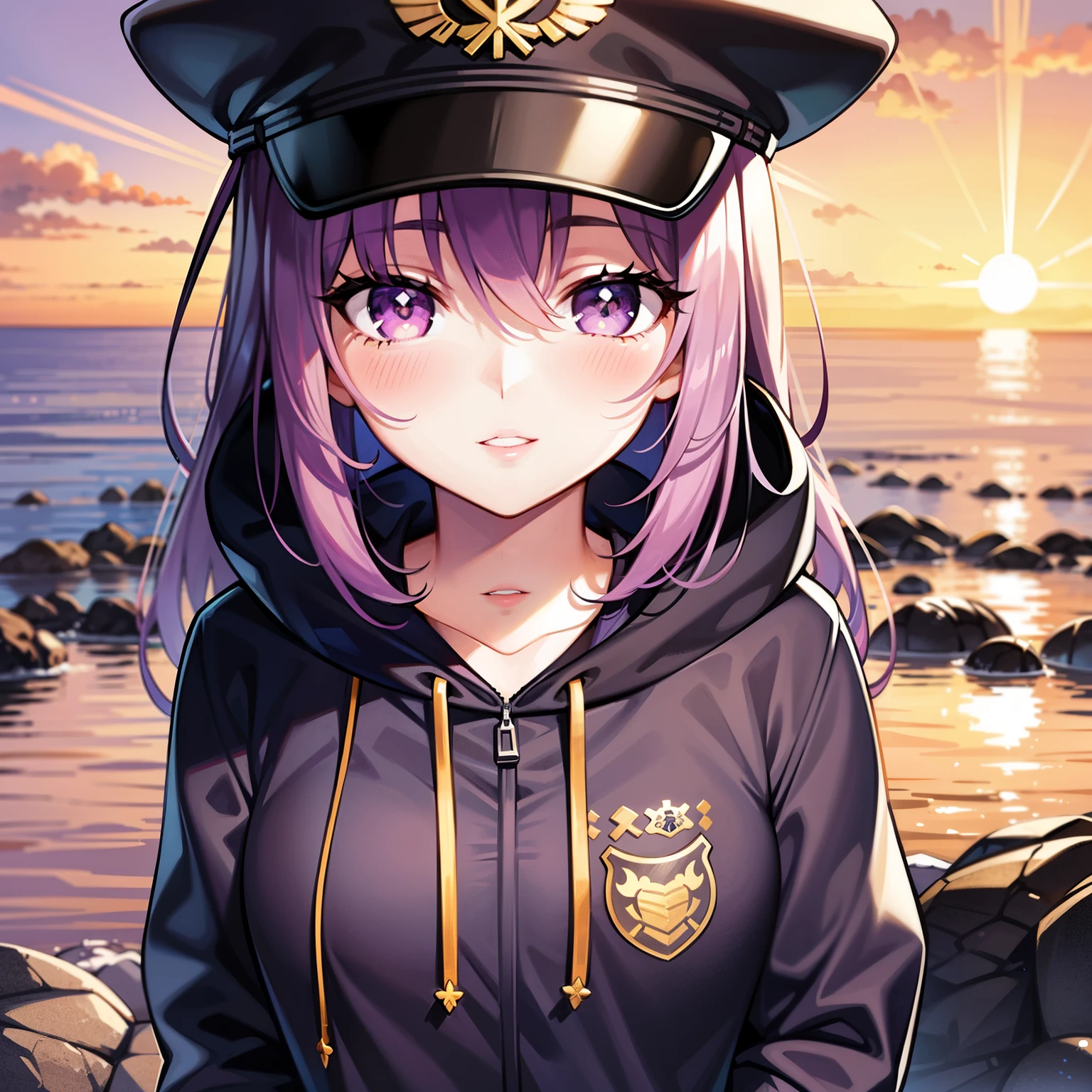 ((1girl, solo)), purple hair, long hair, purple eyes, grey, +_+, long sleeves, smile, (((parted lips))), hood down, (badge on hat), symbol-shaped pupils, looking at viewer, details eyes, absurdres, half body, ((sunset)), top view, (day time, sunny)