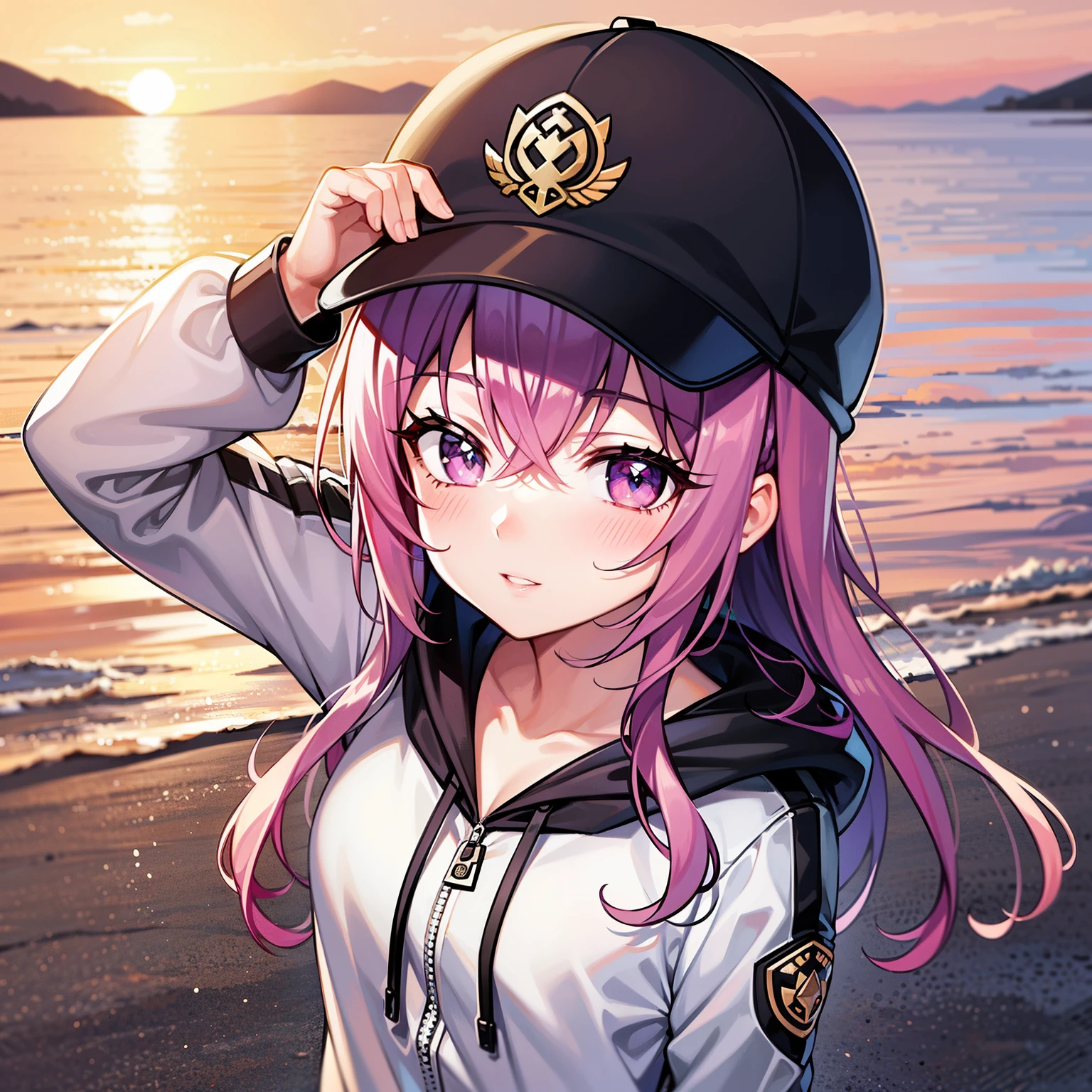 ((1girl, solo)), purple hair, long hair, purple eyes, grey, +_+, long sleeves, smile, (((parted lips))), hood down, (badge on hat), symbol-shaped pupils, looking at viewer, details eyes, absurdres, half body, ((sunset)), top view, (day time, sunny)