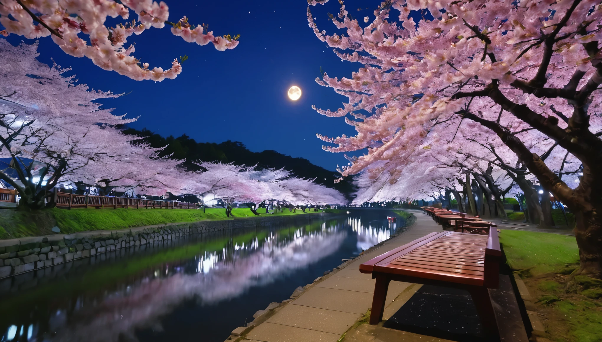 highest quality,silence,masterpiece,fine details,Lonely night landscape,star,moon,Petals,Trees along a river in a park with benches with petals scattered by the wind々is blooming, cherry blossomsの花 trees, cherry blossomsの木, lush cherry blossomsの木, japanese nature, sakura season, cherry blossoms, cherry blossomsの花s, cherry blossomsの花 forest, cherry blossomsの木,, cherry blossomsの花, sakura bloomimg, cherry blossomsの木, giant cherry blossoms, cherry blossomsの花 tree, purple flower tree, cherry blossomsの花 falling