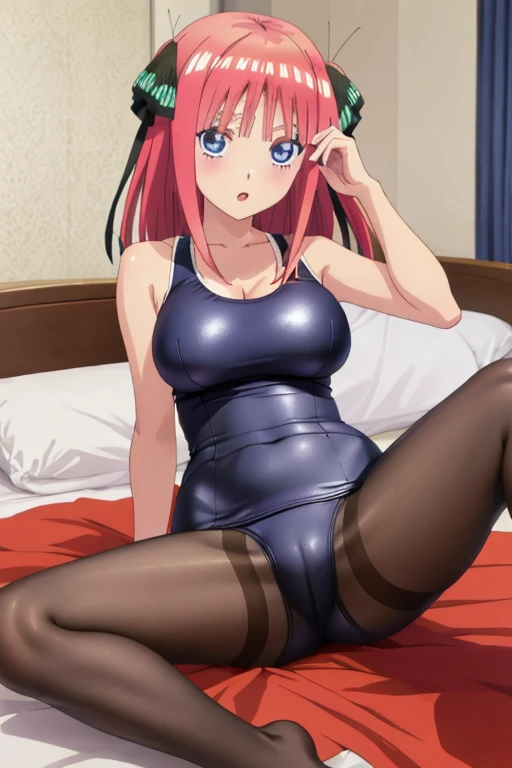 best quality, ultra-detailed masterpiece, anime art style, cute characters, nino nakano, one-piece swimsuit, large breasts, pantyhose, bed room, open legs