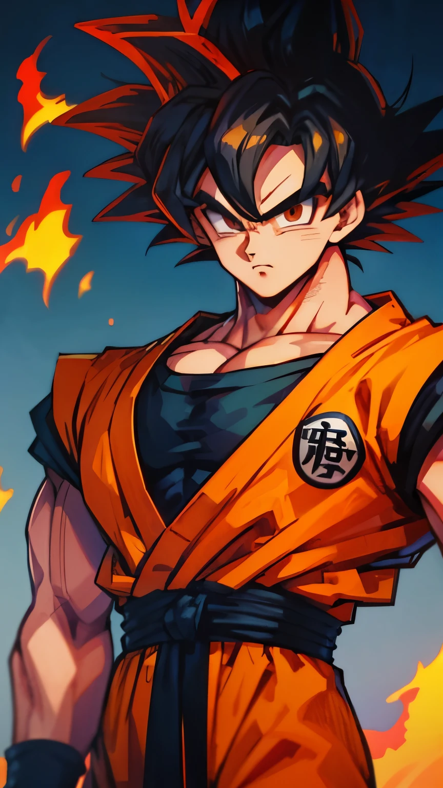 (masterpiece), best quality, ultra-detailed, Goku from Dragon Ball Z with spiky black hair, wearing orange clothes, Retro style.super saiyan.fire.