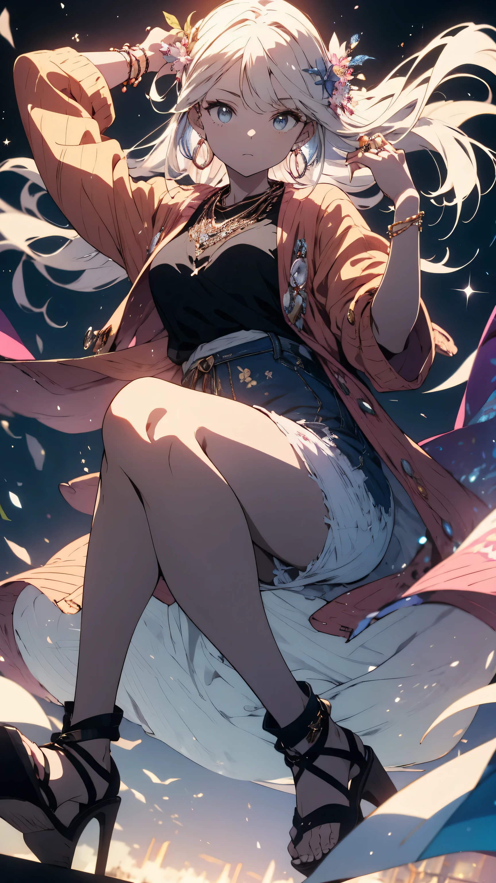 (highest quality、masterpiece、High resolution、be familiar with)、(shining eyes、be familiar with美しい顔)、1girl,
BREAK
//Fashions
Celestial Blossom Urban Boho,
This costume blends the ethereal beauty of flower cosmos with the free-spirited vibes of urban bohemian fashion, Start with a flowy maxi dress in a celestial-inspired print, featuring cosmic florals in vibrant hues against a dark background, Layer the dress with a cozy knit cardigan or a denim jacket for added warmth and texture,
BREAK
Accessorize with eclectic jewelry such as layered necklaces, beaded bracelets, and oversized hoop earrings, adding a touch of bohemian charm to the ensemble, Complete the look with ankle boots or strappy sandals and a floppy hat adorned with celestial accents, Let your hair flow naturally or style it in loose waves, and opt for soft, earthy makeup with a hint of shimmer to capture the essence of celestial blossoms in modern street fashion,
BREAK(beautiful anime)