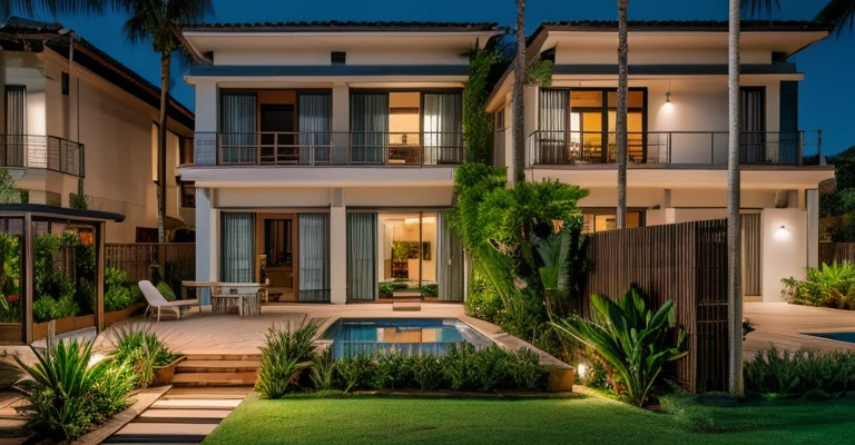 RAW photo, villa exterior, modern architecture, swimming pool, beach sand, grass, green fence, night light, outdoor lighting, realistic
8k uhd, dslr, soft lighting, high quality, film grain, Fujifilm XT3
