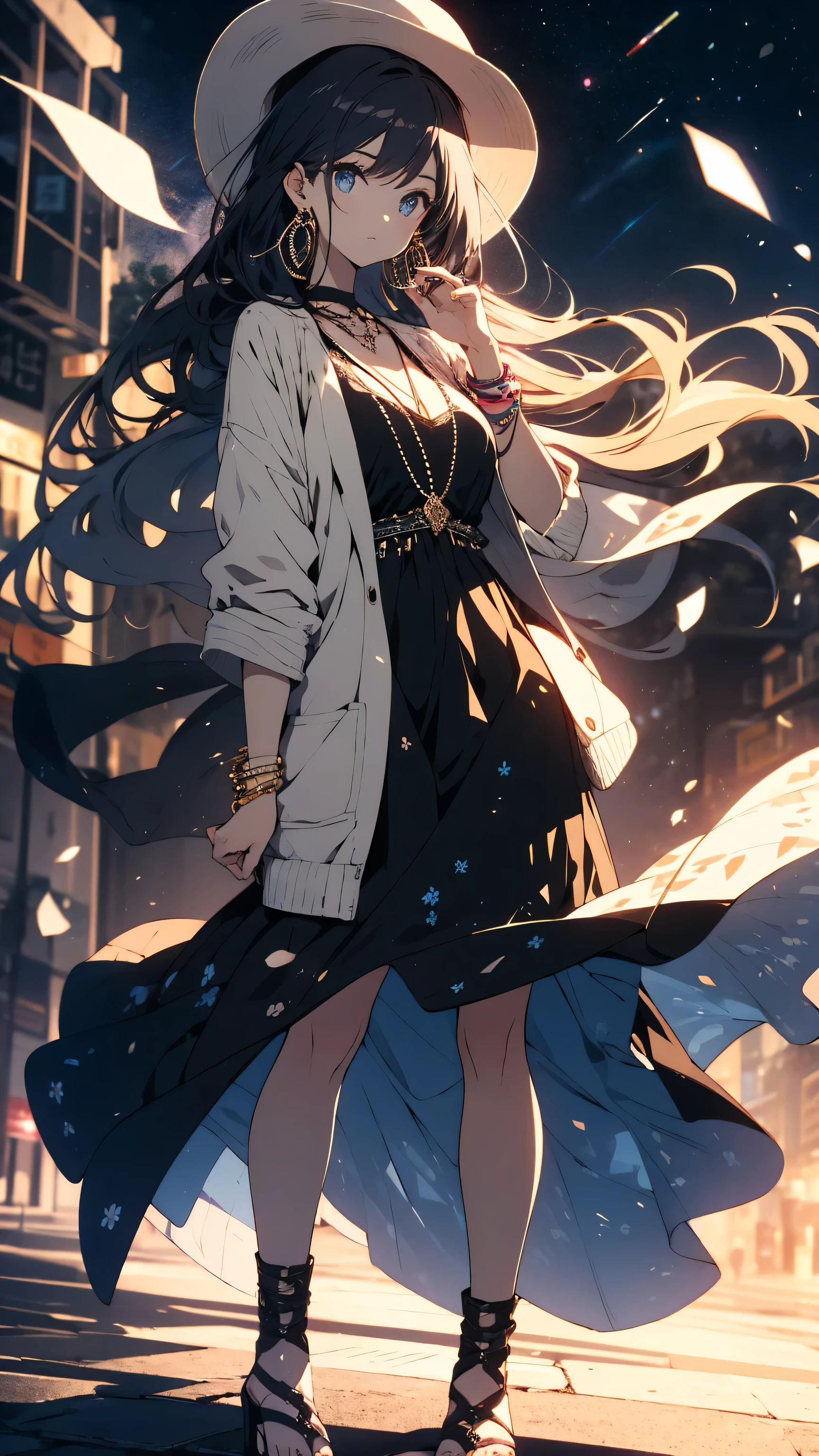 (highest quality、masterpiece、High resolution、be familiar with)、(shining eyes、be familiar with美しい顔)、1girl,
BREAK
//Fashions
Celestial Blossom Urban Boho,
This costume blends the ethereal beauty of flower cosmos with the free-spirited vibes of urban bohemian fashion, Start with a flowy maxi dress in a celestial-inspired print, featuring cosmic florals in vibrant hues against a dark background, Layer the dress with a cozy knit cardigan or a denim jacket for added warmth and texture,
BREAK
Accessorize with eclectic jewelry such as layered necklaces, beaded bracelets, and oversized hoop earrings, adding a touch of bohemian charm to the ensemble, Complete the look with ankle boots or strappy sandals and a floppy hat adorned with celestial accents, Let your hair flow naturally or style it in loose waves, and opt for soft, earthy makeup with a hint of shimmer to capture the essence of celestial blossoms in modern street fashion,
BREAK(beautiful anime)