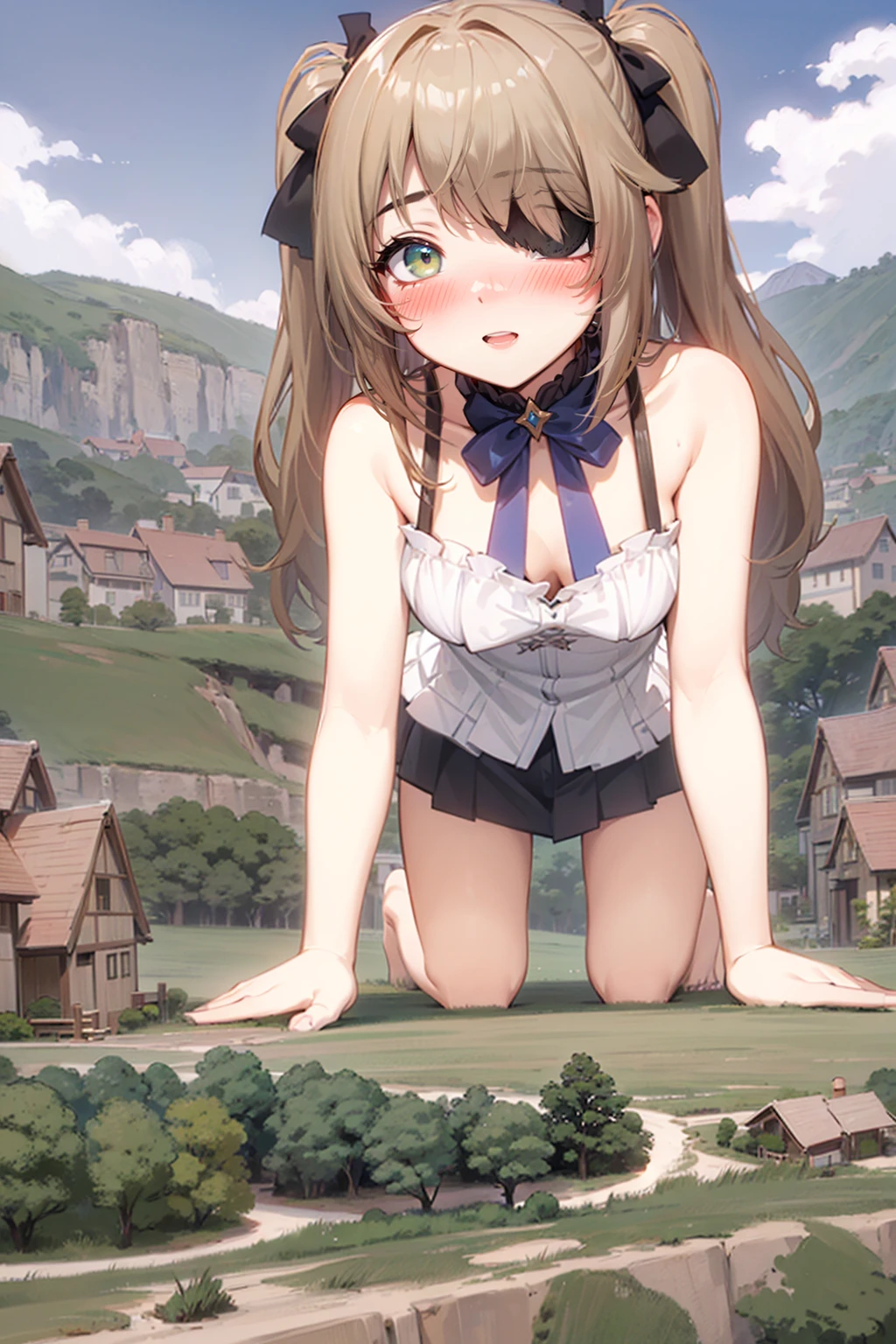 (a tiny cliff in front of a giantess: 1.1), (tiny village landscape under a giantess girl on all fours: 1.1), cute face, naked, (blushing: 1.2), (closeup breasts and face: 1.2), fischl (genshin impact),  eye patch, green eyes, perfect body, blonde hair, two side up, short twin tails, black ribbons, long hair,  night clothes, (a tiny cliff in front of a giantess: 1.2), (sky background: 1.2), (datgap: 1.1), (thigh gap: 1.1), tall, on knees, (on her knees),(focus: 1.3), (foreshortening body: 1.2), bent over, (foreshortening), (super closeup breasts face and foreshortening: 1.2), all fours