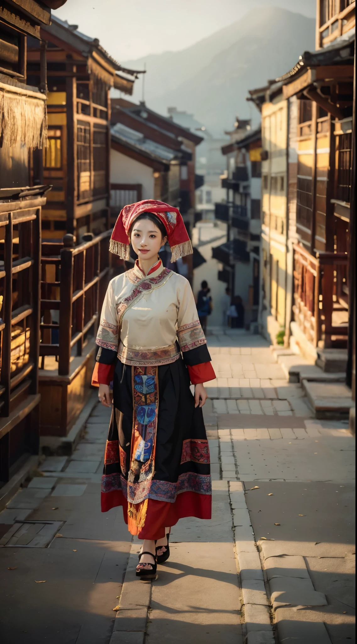 a girl,Wearing the traditional costumes of the Zhuang people,Walking towards the camera,The background is terraces,daytime,pond,Hazy mountains,Looking up,The front of the face faces the audience