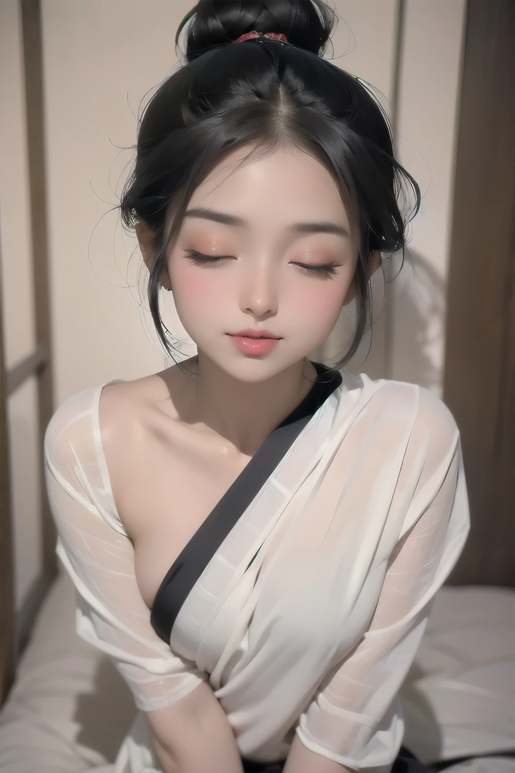 Sexy woman, MILF, neighbour, black hair in a bun, seductive eyes, blushing, seductive smile, amazing makeup, wearing a saree, lustful look, sultry pose