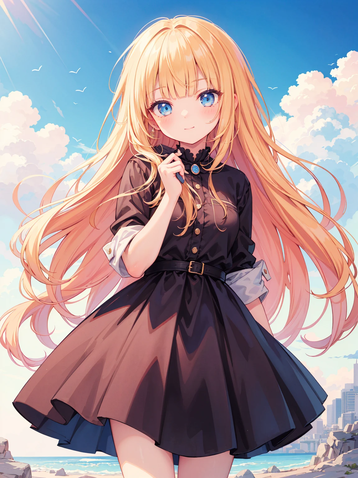 High quality, Ultra detailed, best quality, insanely detailed, masterpiece, beautiful illustrations, highest quality, pretty girl, very cute, 1girl, standing, pastel colour, blonde hair, wavy long hair, (blunt bangs), caucasian, bright lighting, sky-blue eyes, soft smile, looking at viewer