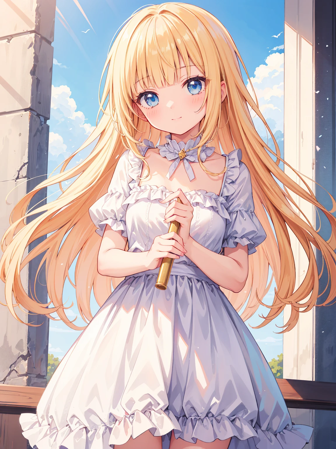 High quality, Ultra detailed, best quality, insanely detailed, masterpiece, beautiful illustrations, highest quality, pretty girl, very cute, 1girl, standing, pastel colour, blonde hair, wavy long hair, (blunt bangs), caucasian, bright lighting, sky-blue eyes, soft smile, looking at viewer