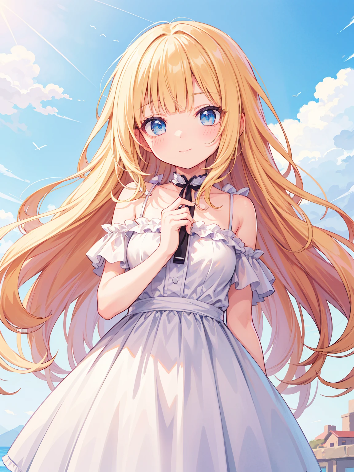 High quality, Ultra detailed, best quality, insanely detailed, masterpiece, beautiful illustrations, highest quality, pretty girl, very cute, 1girl, standing, pastel colour, blonde hair, wavy long hair, (blunt bangs), caucasian, bright lighting, sky-blue eyes, soft smile, looking at viewer